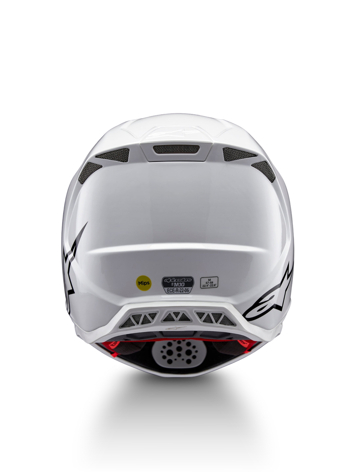 Alpinestars Casco Supertech M10 Solid ECE 22.06, casco da motocross bianco lucido con grafiche nere, prese d’aria posteriori, sistema MIPS e omologazione ECE 22.06, vista posteriore