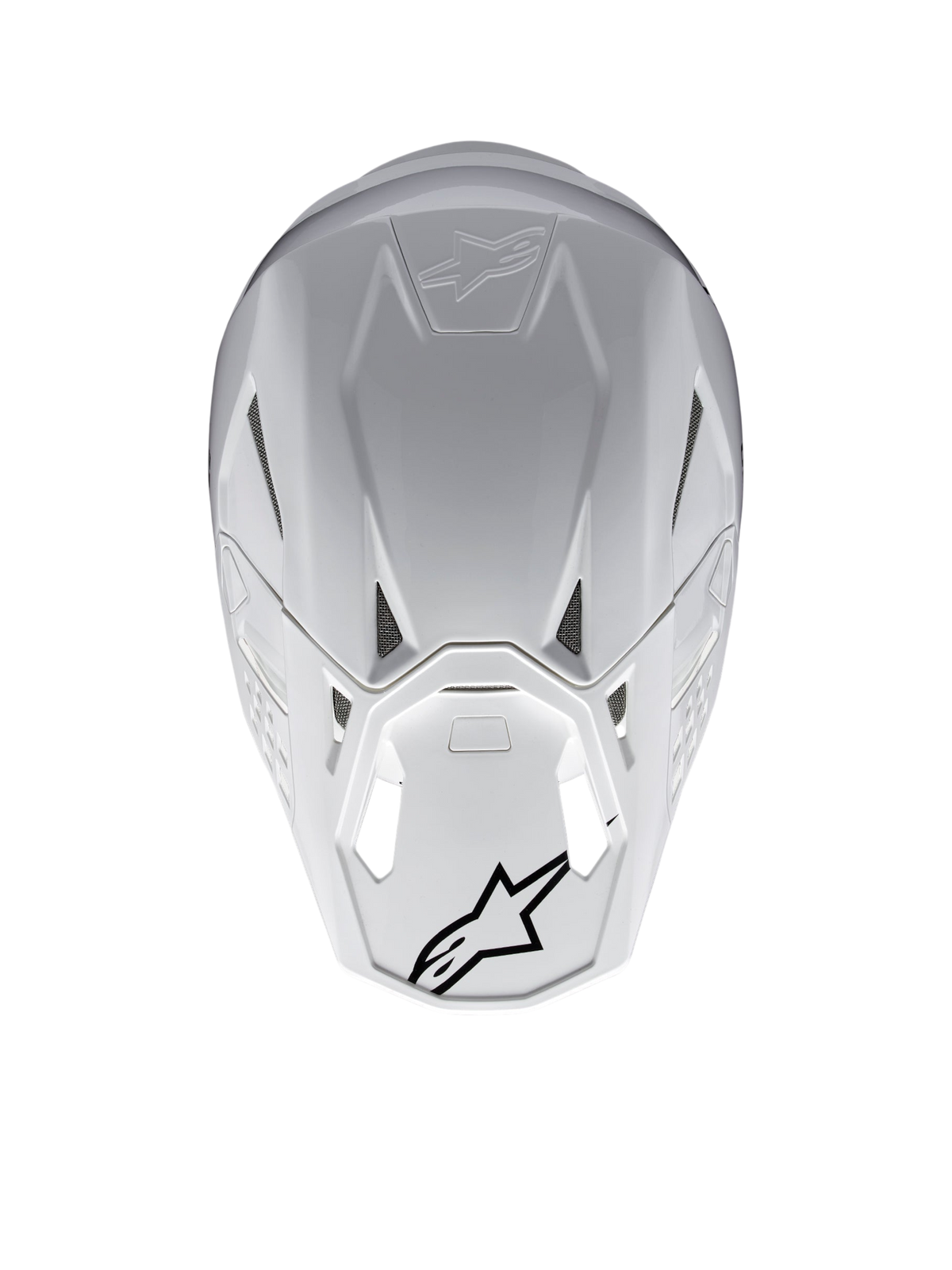 Alpinestars Supertech M10 Solid ECE 22.06, casco da motocross bianco lucido, vista posteriore con prese d’aria e loghi Alpinestars neri, calotta composita in carbonio e aramide