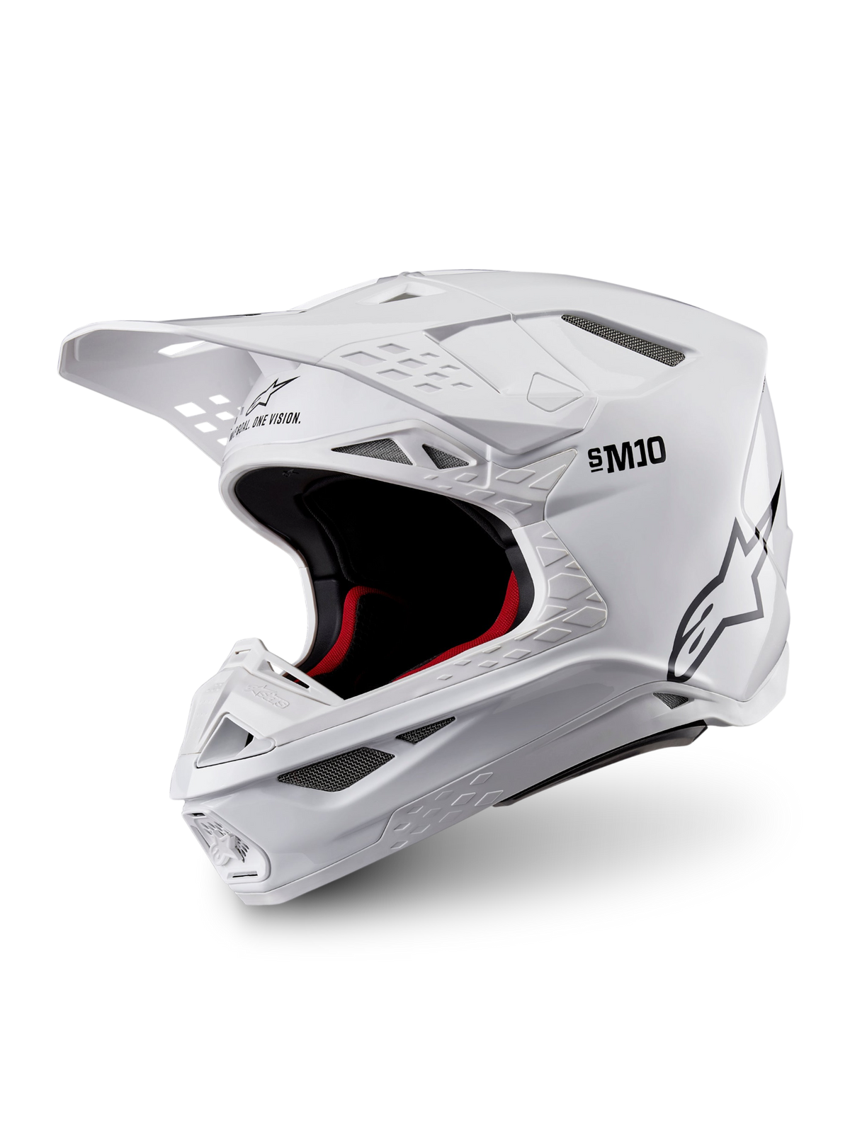 Alpinestars Casco Supertech M10 Solid ECE 22.06, casco da motocross bianco lucido con imbottitura interna nera e rossa, visiera parasole e prese d’aria multiple, vista a tre quarti