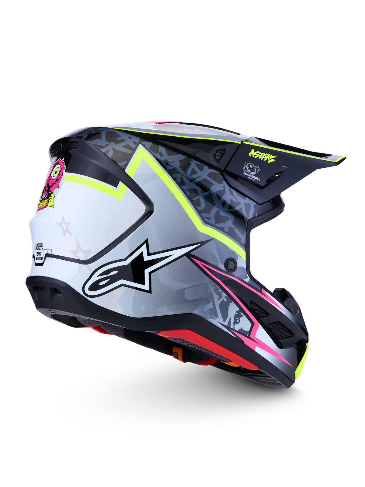 Alpinestars Casco S-M7 Blaster ECE06, casco da motocross nero e grigio con dettagli giallo fluo e rosa, certificato ECE 22.06.