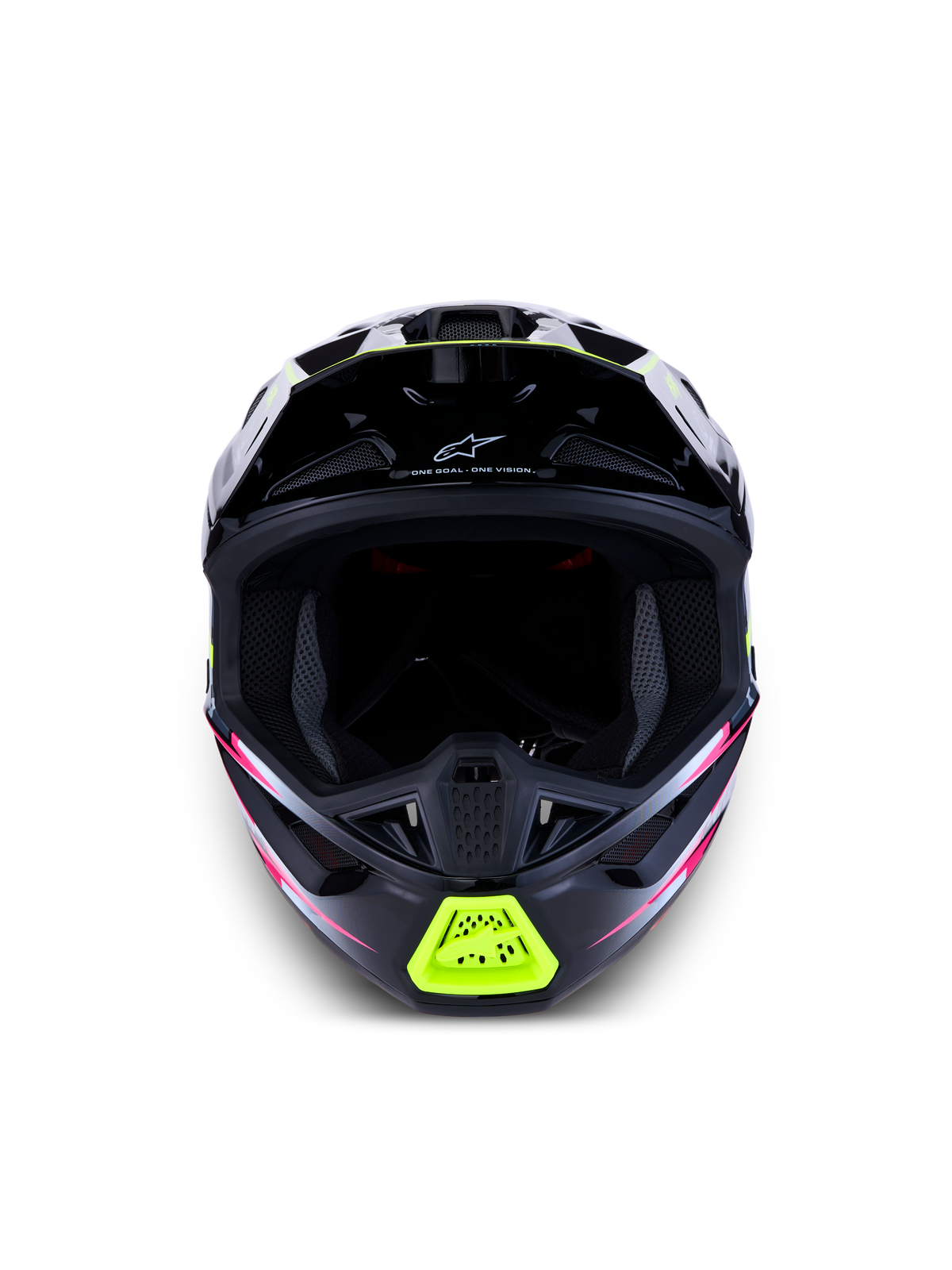 Alpinestars Casco S-M7 Blaster ECE06, casco da motocross da uomo per off-road racing, nero con accenti giallo fluo e rosa, vista frontale con prese d'aria, certificato ECE 22.06.