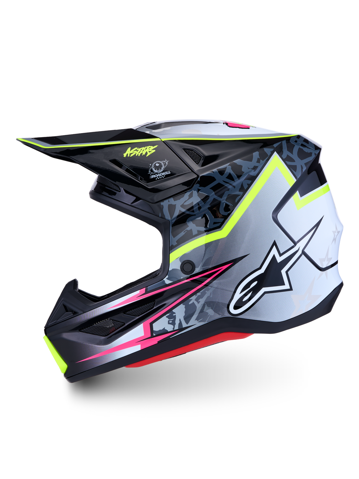 Alpinestars S-M7 Blaster ECE06, casco da motocross nero e grigio con grafiche giallo fluo e rosa, certificato ECE 22.06