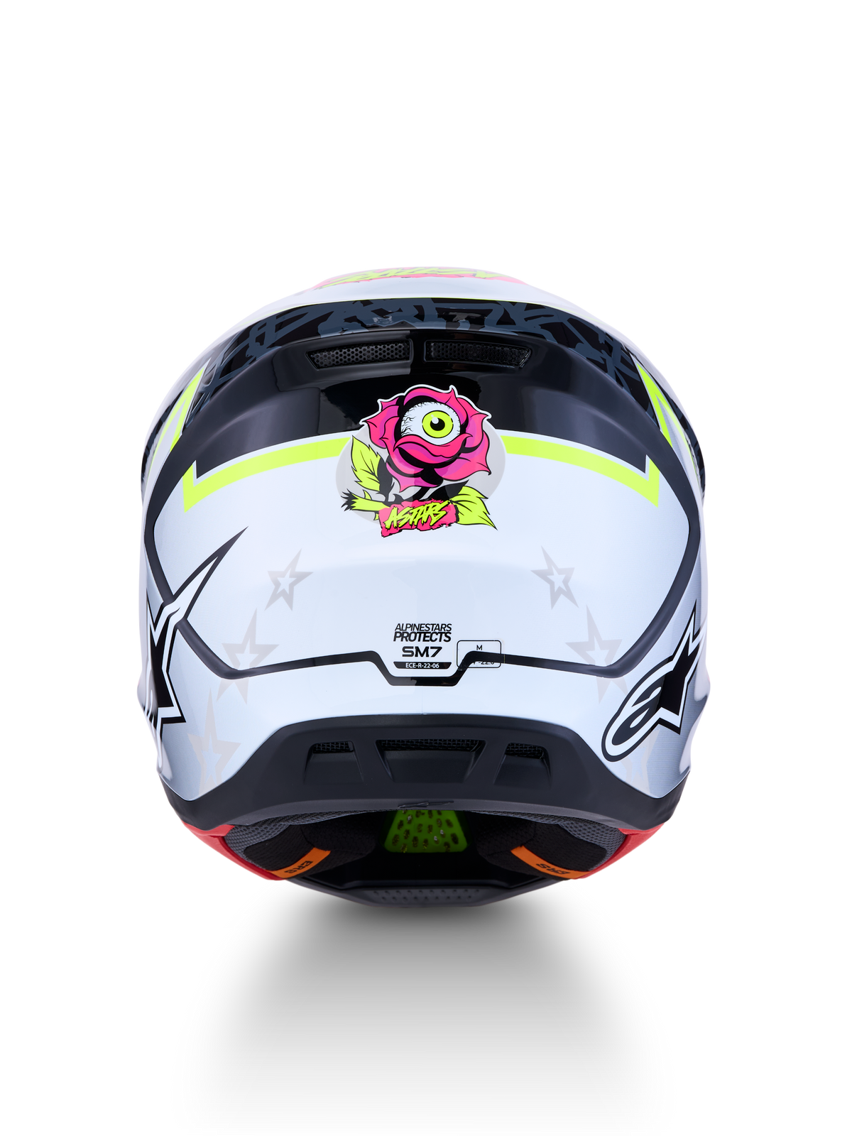 Alpinestars Casco S-M7 Blaster, vista posteriore, bianco e nero con grafica rosa e gialla, certificato ECE 22.06