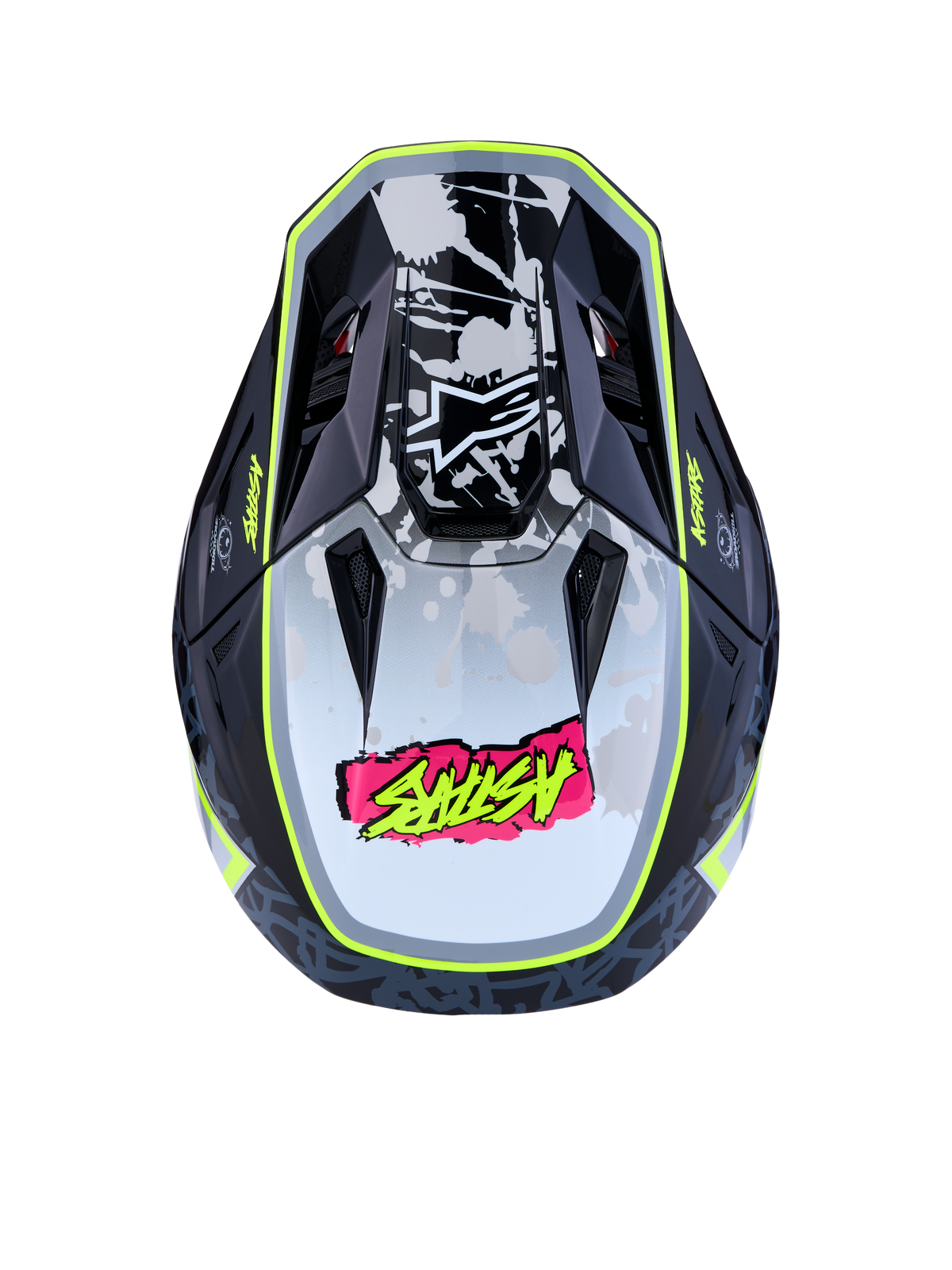 Alpinestars Casco S-M7 Blaster ECE06, casco da motocross nero e giallo fluo, vista dall'alto con calotta aerodinamica e grafiche, certificato ECE 22.06