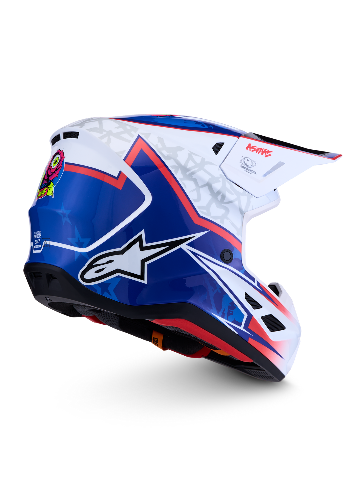 Alpinestars casco S-M7 Blaster ECE06, casco da motocross blu e bianco lucido con accenti rossi e calotta aerodinamica.