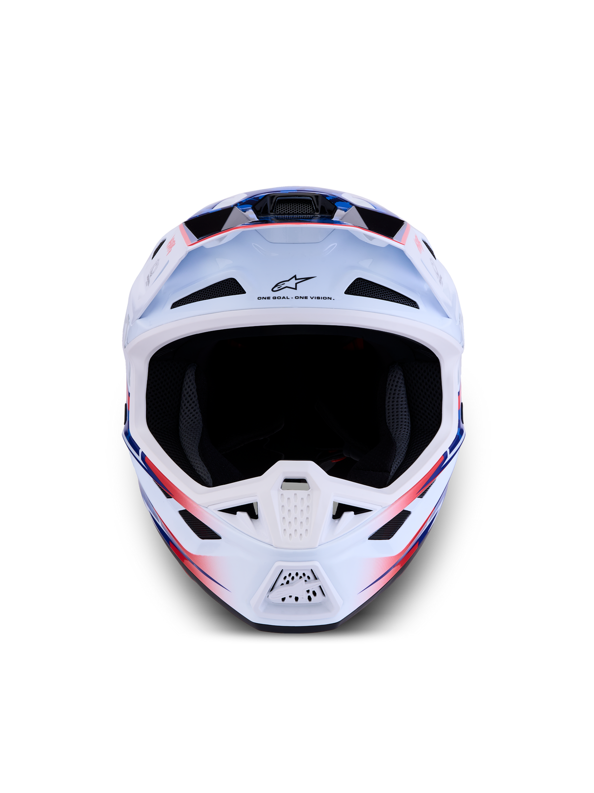 Alpinestars Casco S-M7 Blaster ECE06, casco da motocross per fuoristrada, bianco, blu e rosso lucido, calotta in materiale composito leggero, certificato ECE 22.06, vista frontale
