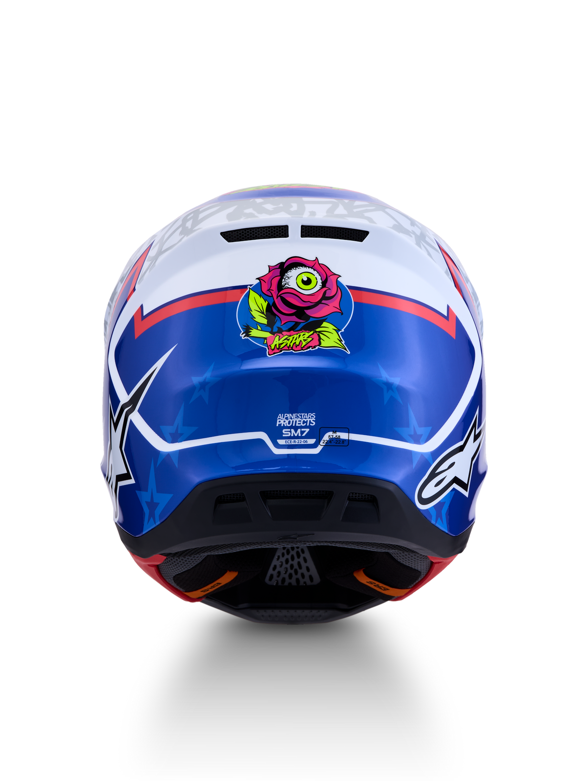 Alpinestars casco S-M7 Blaster ECE06, casco da motocross da uomo, blu e bianco, vista posteriore con grafica di rosa con occhio, certificato ECE 22.06.