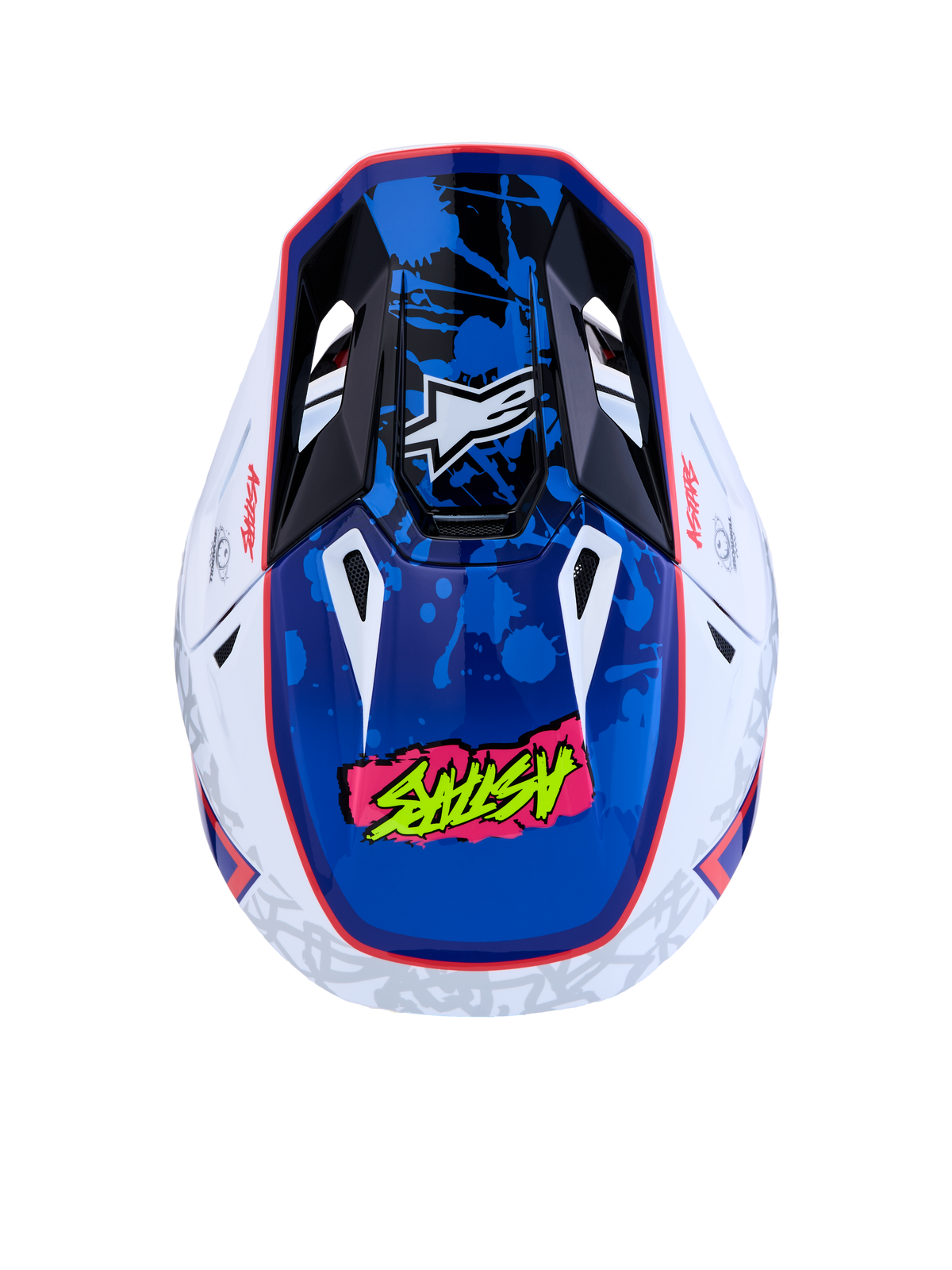 Alpinestars Casco S-M7 Blaster ECE06, casco da motocross, bianco e blu, vista dall'alto con grafica splatter lucida e accenti rossi, certificato ECE 22.06, protezione per off-road