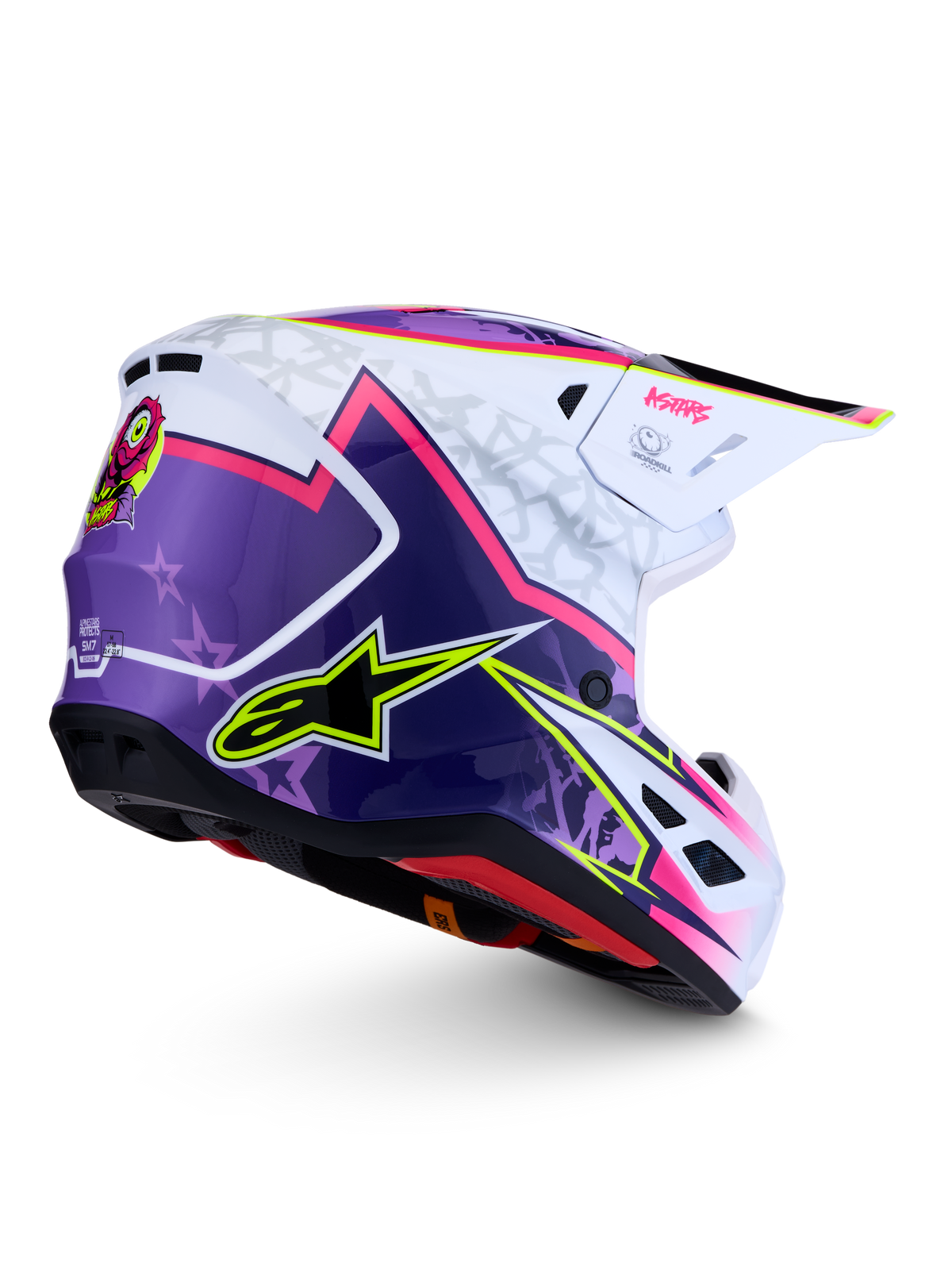 Alpinestars Casco S-M7 Blaster ECE06, casco da motocross e off-road, viola, rosa e bianco lucido, calotta aerodinamica, certificato ECE 22.06