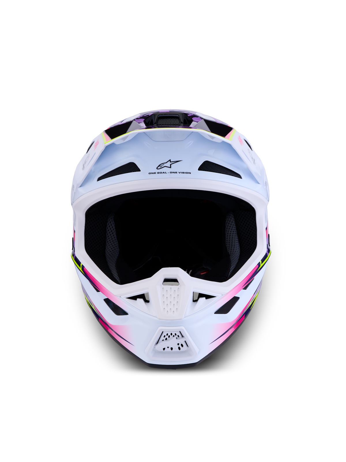 Alpinestars Casco S-M7 Blaster ECE06, casco da motocross bianco con grafiche lucide viola e rosa per corse off-road, certificato ECE 22.06
