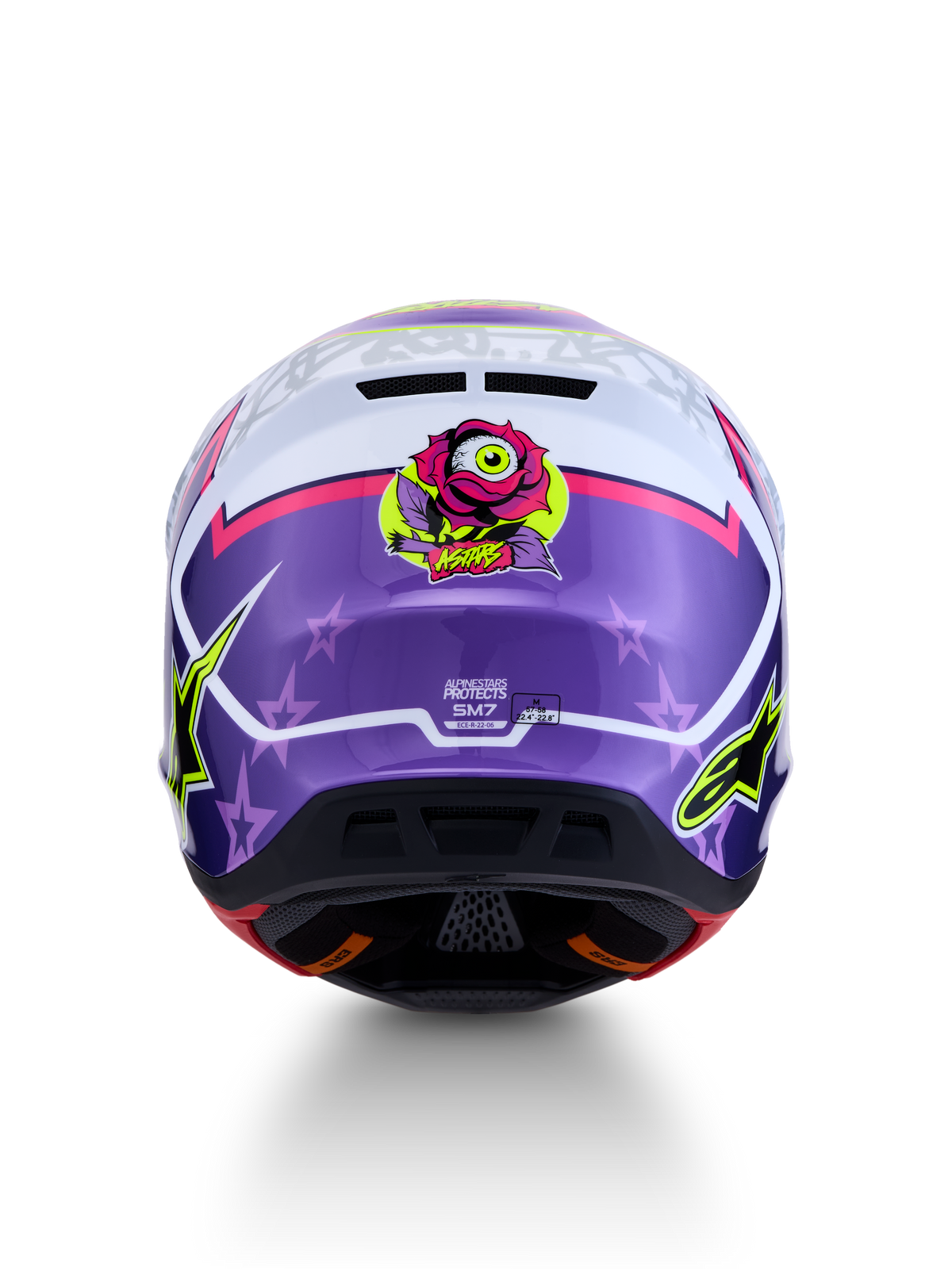 Casco Alpinestars S-M7 Blaster ECE06, casco motocross viola e rosa lucido con grafica a rosa e stelle, certificato ECE 22.06.
