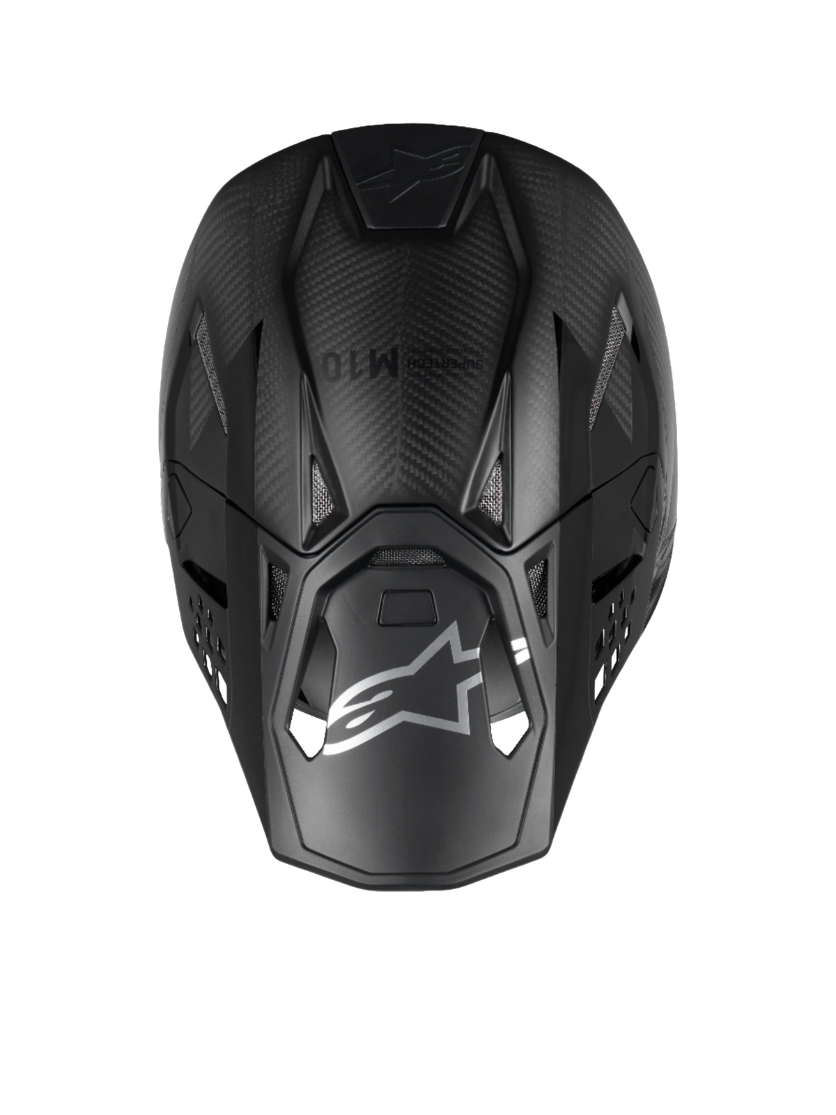 Alpinestars Casco Supertech M10 Fame ECE 22.06, vista dall'alto, nero carbonio opaco e lucido, fibra di carbonio 3K.