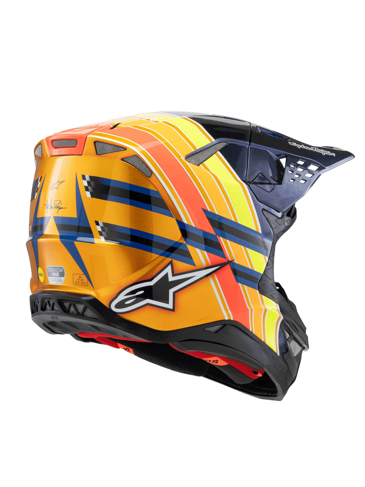 Casco Alpinestars Supertech M10 TLD Edition 25, casco da motocross, blu scuro, arancione e giallo fluo con rosso, vista posteriore a tre quarti che mostra la finitura lucida, logo Alpinestars in evidenza, marchio Troy Lee Designs e prese d'aria integrate.