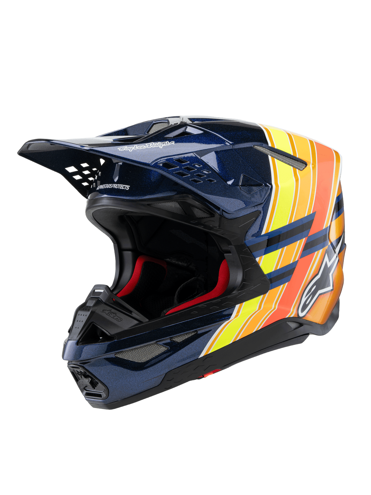 Casco Alpinestars Supertech M10 TLD Edition 25, casco da motocross, blu scuro lucido con grafiche arancioni e giallo fluo, imbottitura interna rossa, calotta aerodinamica con numerose prese d'aria, logo Troy Lee Designs sulla visiera, equipaggiamento professionale per fuoristrada