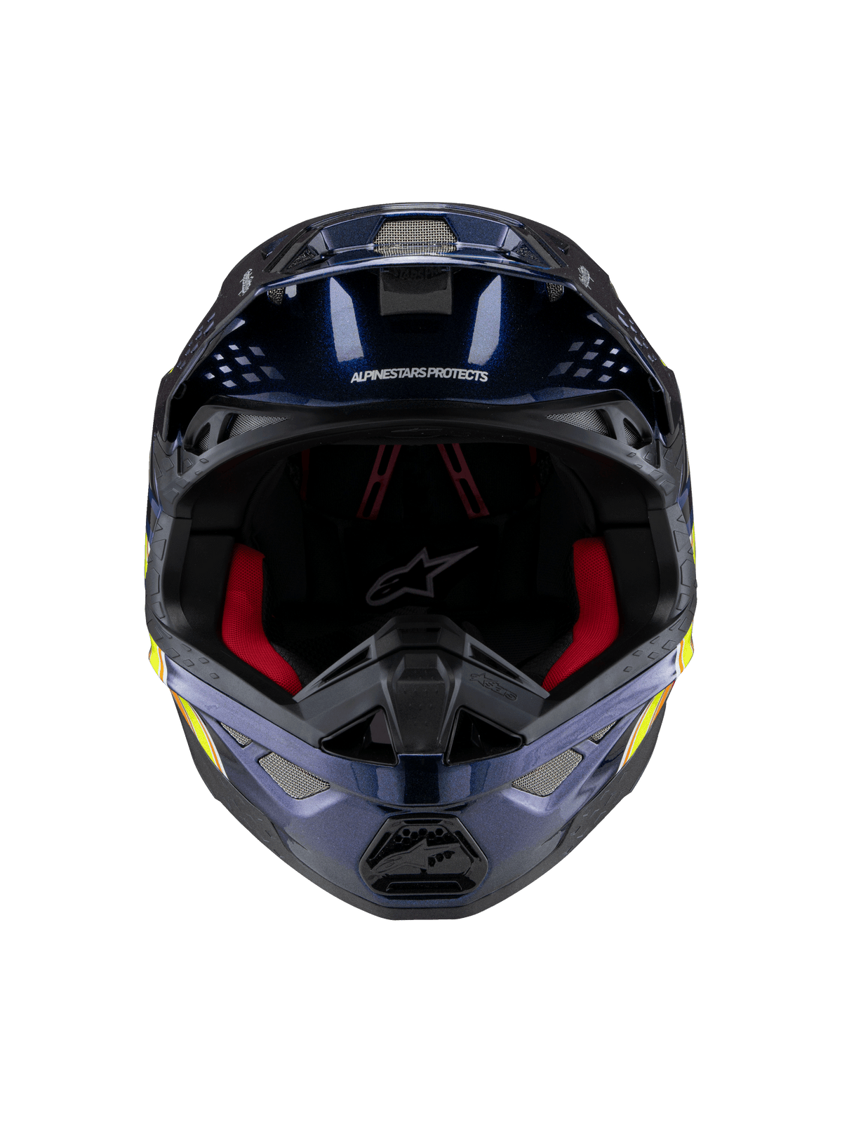 Casco Alpinestars Supertech M10 TLD Edition 25, casco da motocross, blu scuro metallizzato lucido con imbottitura interna rossa, vista frontale con rete di ventilazione e grafiche laterali in giallo e arancione, protezione premium per competizioni off-road