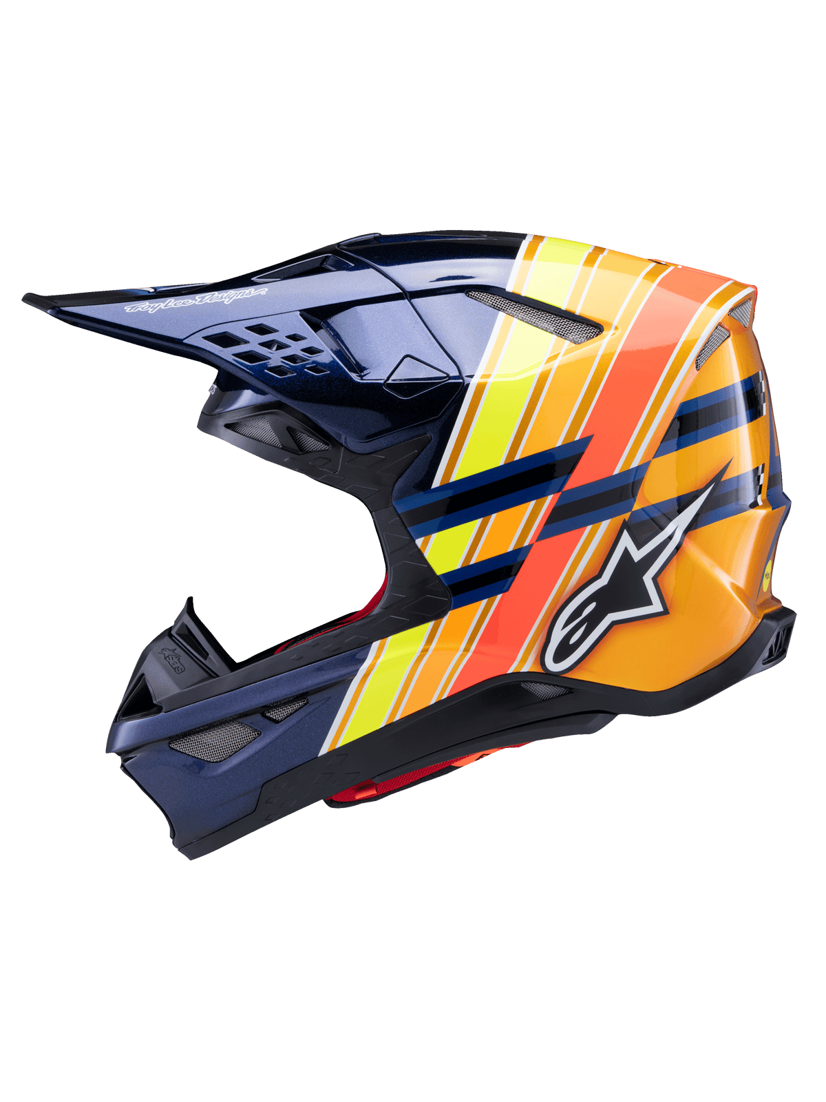 Casco Alpinestars Supertech M10 TLD Edition 25, profilo laterale, blu scuro lucido con strisce grafiche arancione vibrante, giallo e rosso fluorescente, con logo Alpinestars bianco e marchio Troy Lee Designs, casco da motocross avanzato per prestazioni fuoristrada