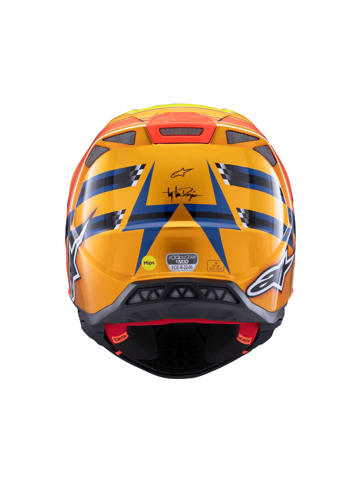 Alpinestars Supertech M10 TLD Edition 25 Helmet, casco da motocross, vista posteriore, arancione lucido e blu con accenti giallo fluorescente e rosso, con branding Troy Lee Designs e sistema di sicurezza MIPS, design aerodinamico con prese di scarico