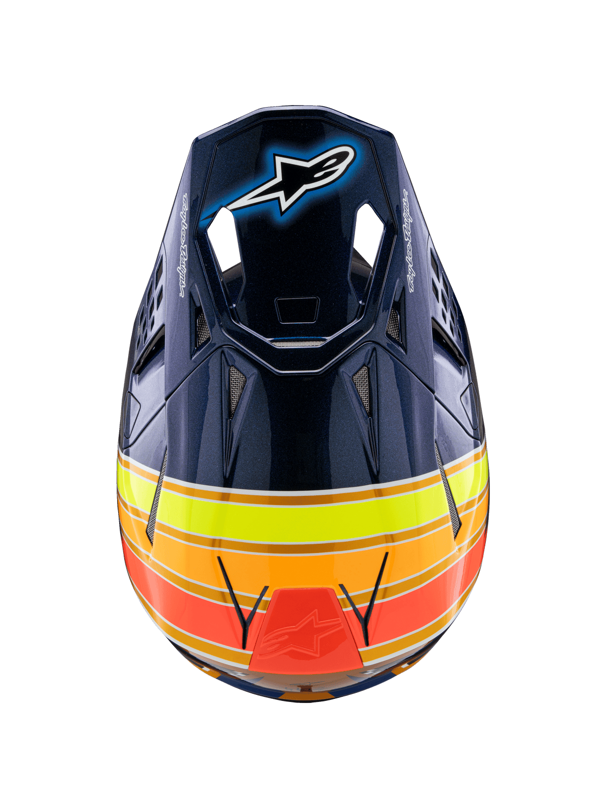 Casco Alpinestars Supertech M10 TLD Edition 25, casco da motocross, blu scuro lucido con strisce arancioni, giallo fluo e rosse, vista dall'alto che mostra la visiera con logo Astar e prese d'aria in mesh, equipaggiamento professionale per competizioni fuoristrada