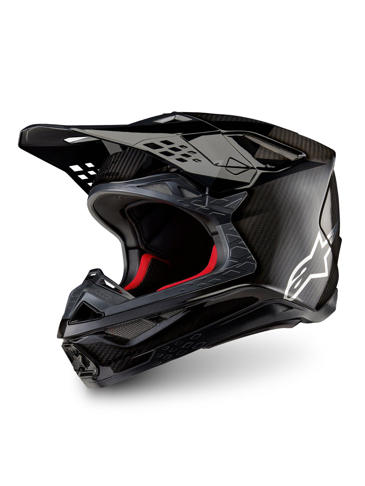 Alpinestars Casco Supertech M10 Fame ECE 22.06, casco da motocross racing in carbonio 3K nero opaco e lucido con logo bianco.
