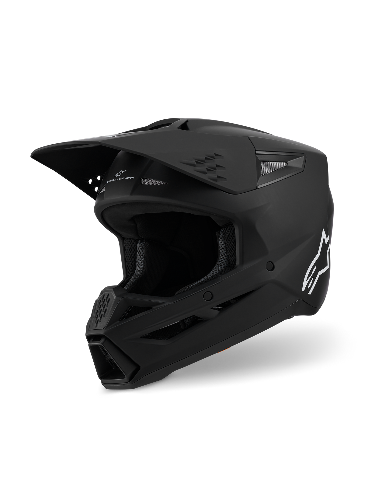 Casco Alpinestars S-M3 Solid ECE 22.06, casco da motocross, nero opaco, vista laterale a tre quarti con grande visiera e prese d'aria, calotta aerodinamica profilata con logo Alpinestars bianco, attrezzatura professionale per gare off-road