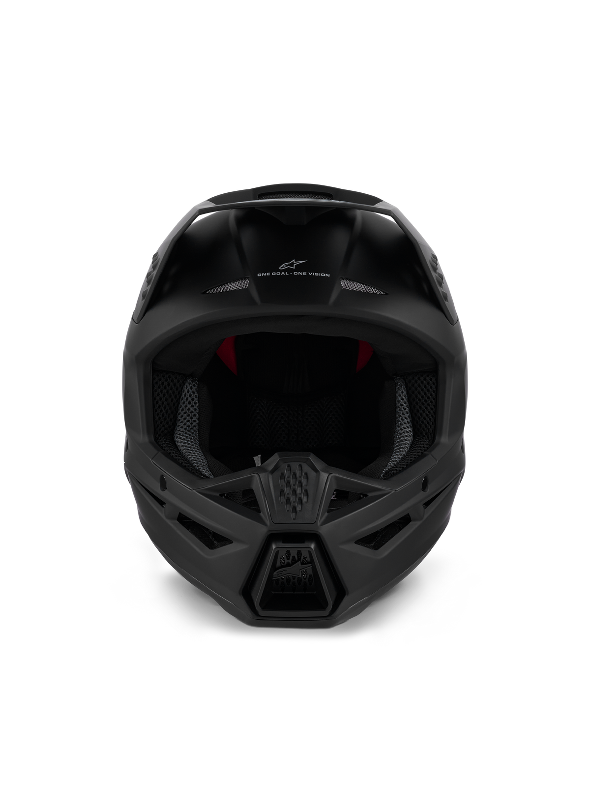 Alpinestars S-M3 Solid Helmet ECE 22.06, casco da motocross, nero opaco, vista frontale con ventilazione della mentoniera e branding 'ONE GOAL - ONE VISION', design aerodinamico per gare off-road