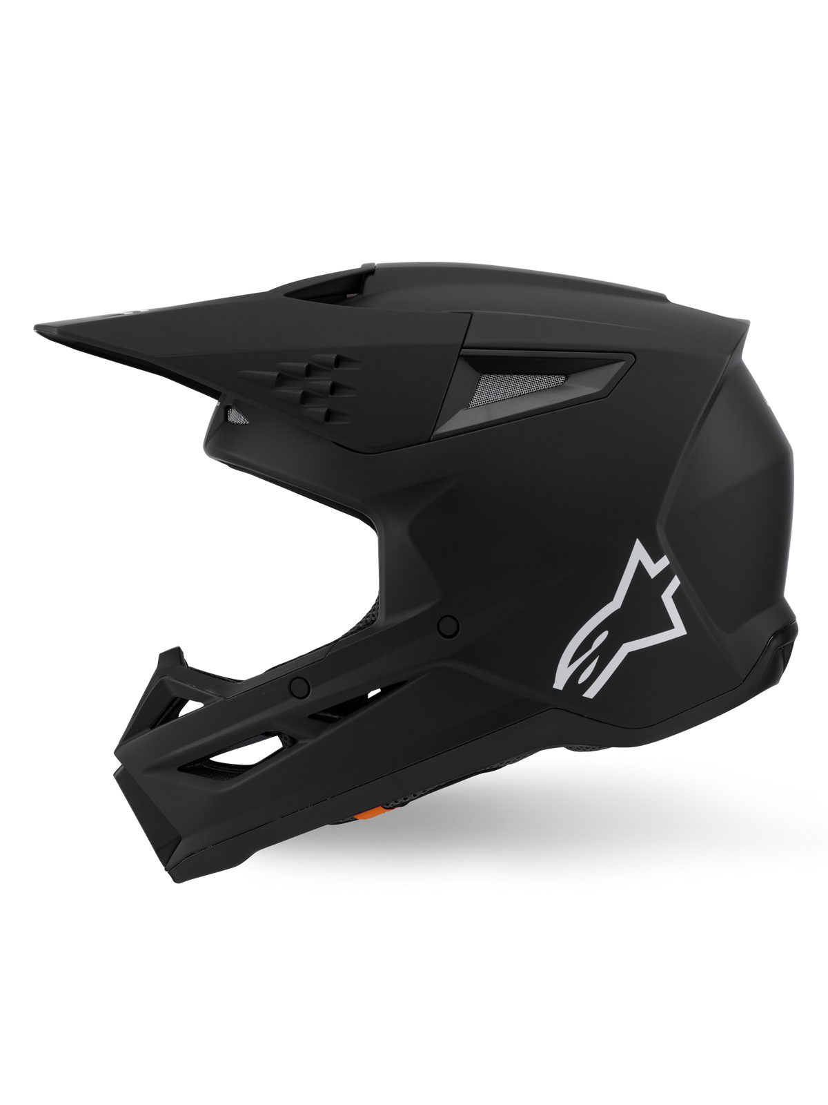 Alpinestars S-M3 Solid Helmet ECE 22.06, casco da motocross, nero opaco, vista di profilo con logo Astars bianco, design della calotta angolare con porte di ventilazione integrate e visiera protettiva, attrezzatura per prestazioni racing off-road
