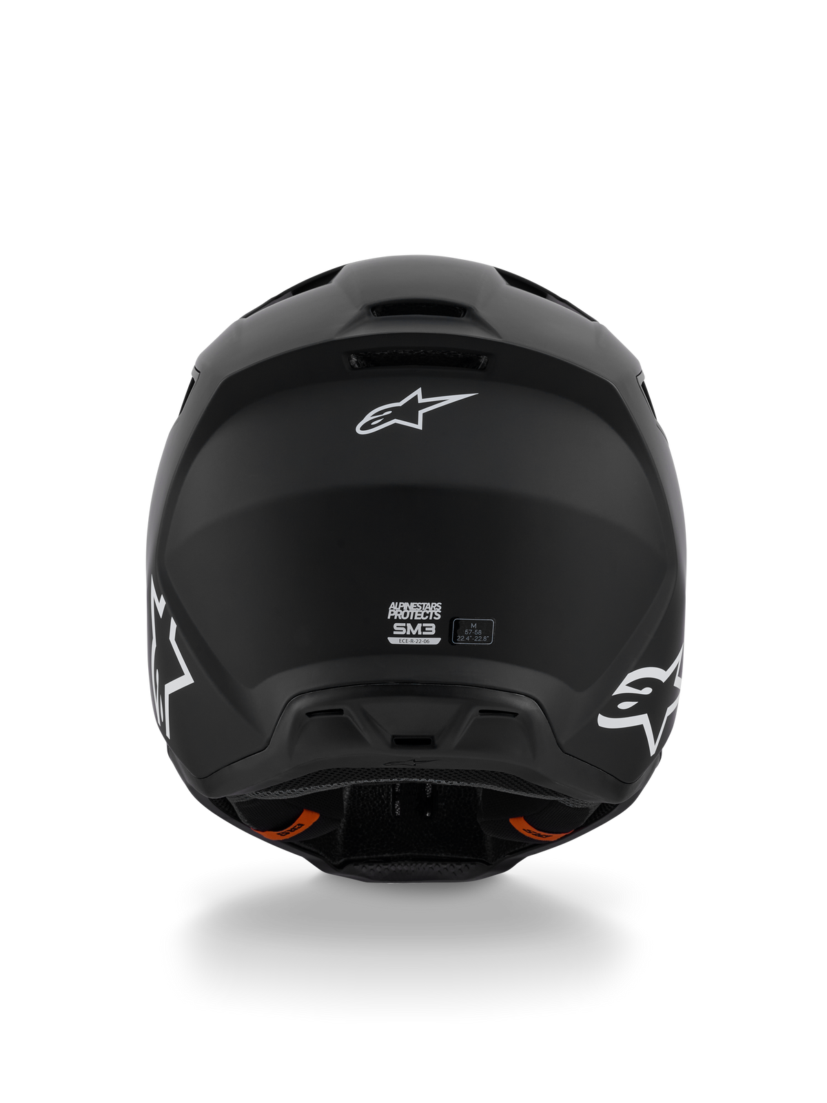 Alpinestars S-M3 Solid Helmet ECE 22.06, casco da motocross, nero opaco, vista posteriore con loghi Alpinestars Astar bianchi, estrattori di ventilazione alla base, finitura opaca per gare fuoristrada