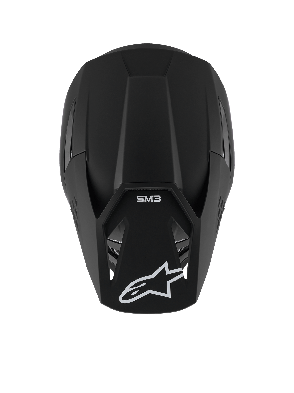 Casco Alpinestars S-M3 Solid, casco da motocross, nero opaco, vista dall'alto che mostra la finitura opaca e la calotta aerodinamica, con logo a stella Alpinestars bianco sulla visiera e marchio SM3, protezione premium per la testa per corse off-road