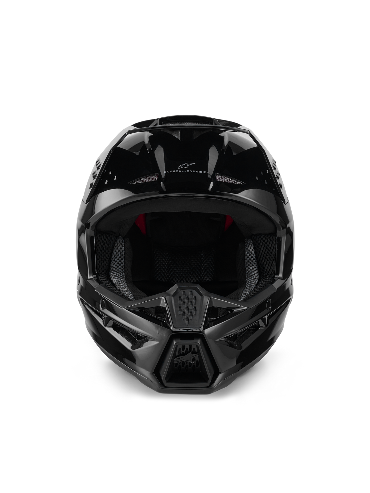 Alpinestars S-M3 Solid Helmet ECE 22.06, casco da motocross, nero lucido, vista frontale che mostra le prese d'aria, calotta aerodinamica elegante con finitura lucida, con logo Alpinestars e marchio 'One Goal. One Vision.'