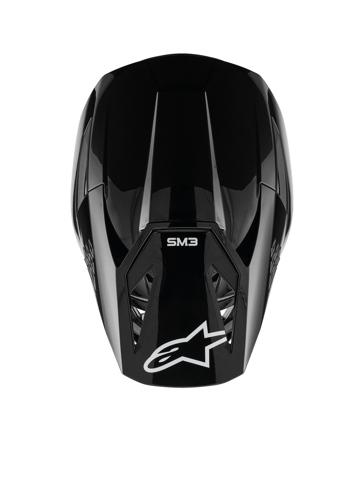 Casco Alpinestars S-M3 Solid, casco da motocross, nero lucido, vista dall'alto con logo Alpinestars bianco e marchio SM3 sulla visiera, design aerodinamico, protezione professionale per fuoristrada