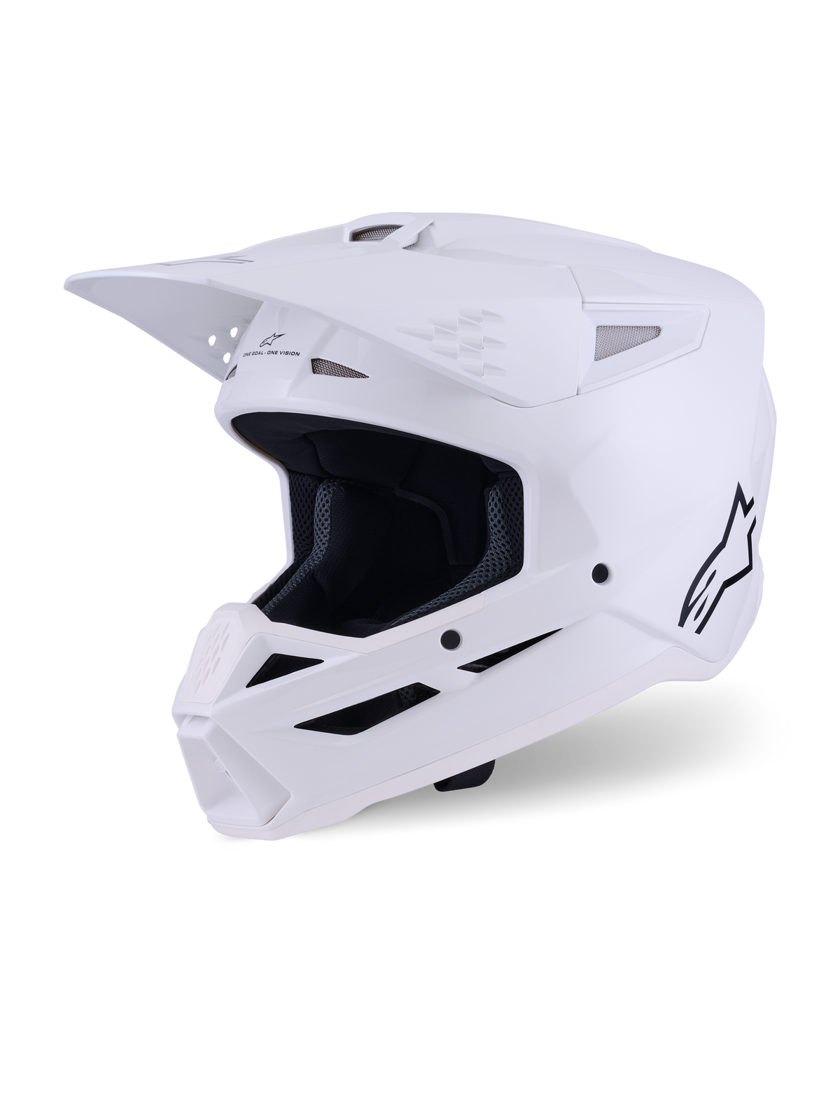 Casco Alpinestars S-M3 Solid, casco da motocross, bianco lucido, protezione integrale per la testa da fuoristrada con visiera prominente, prese d'aria multiple e logo Alpinestars nero sul profilo laterale