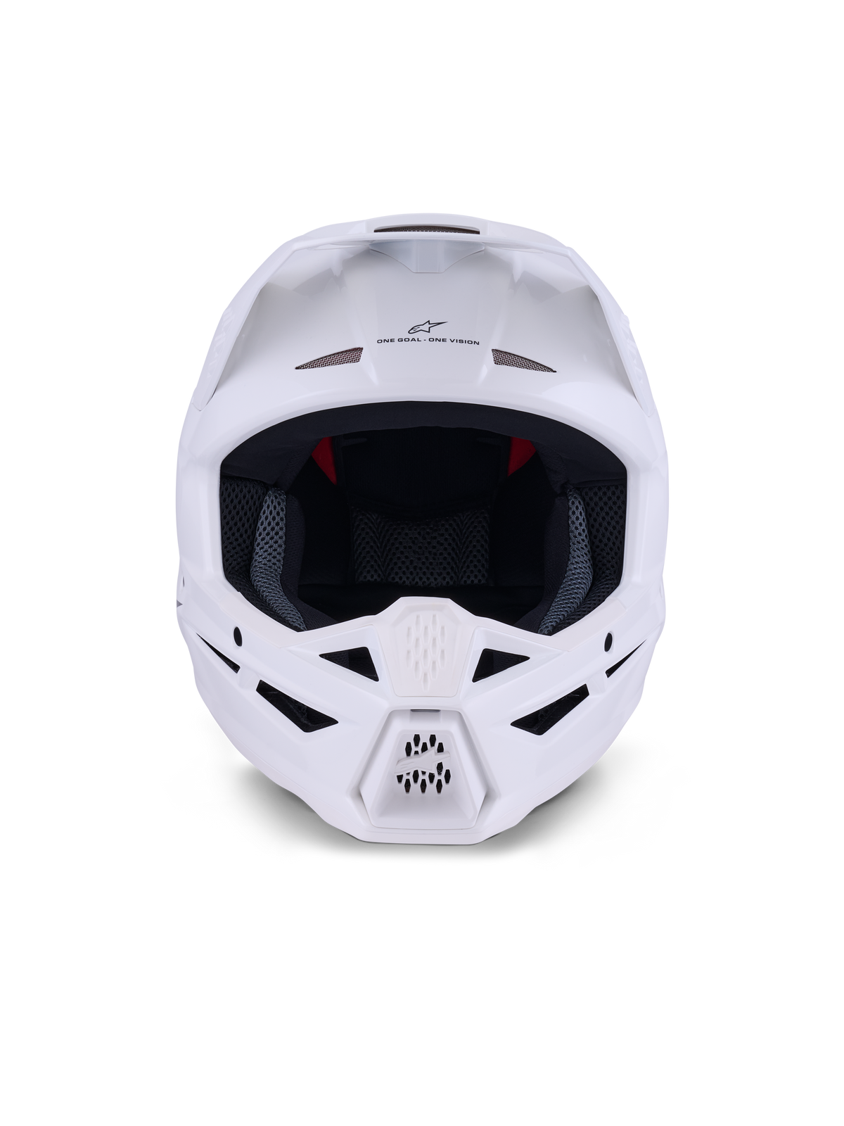 Casco Alpinestars S-M3 Solid ECE 22.06, casco da motocross, bianco lucido, vista frontale con molteplici prese d'aria sulla mentoniera e sulla fronte, calotta aerodinamica con visiera, marchio 'ONE GOAL - ONE VISION' e fodera interna in rete per la protezione off-road.