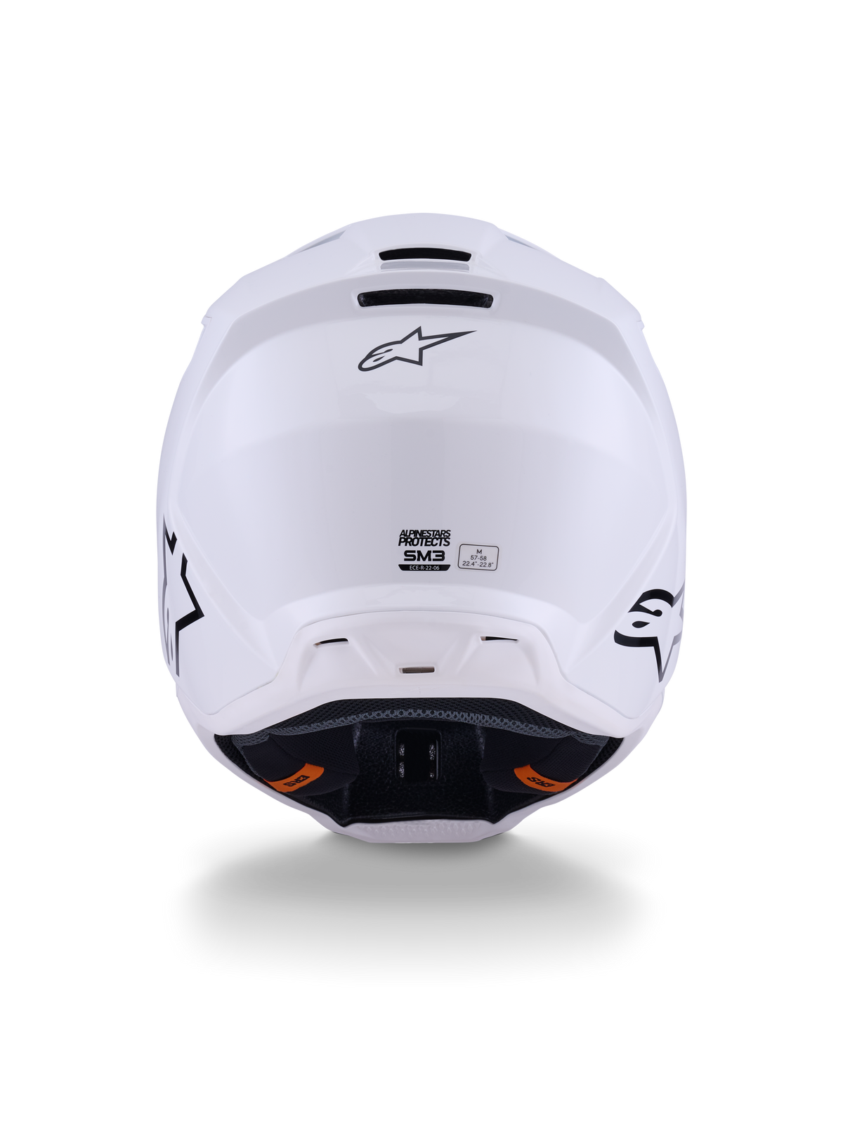Alpinestars S-M3 Solid Helmet ECE 22.06, casco da motocross, bianco lucido, vista posteriore che mostra le porte di ventilazione, il logo Alpinestars e l'etichetta di certificazione di sicurezza, progettato per prestazioni off-road