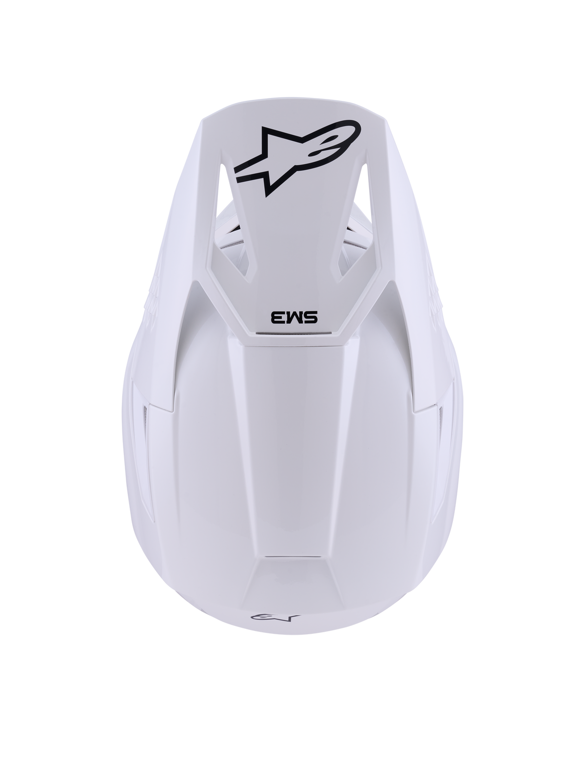 Casco Alpinestars S-M3 Solid, Bianco Lucido, casco da motocross, vista dall'alto con logo Alpinestars a stella nero e marchio SM3 sulla visiera, calotta termo-iniettata con finitura lucida, protezione off-road certificata ECE 22.06