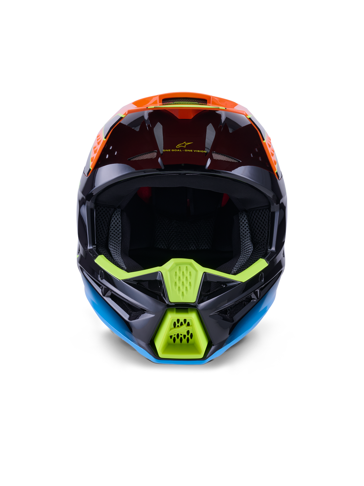 Casco Alpinestars S-M3 Fray ECE 22.06, casco da motocross, nero, arancione e giallo fluo, vista frontale che mostra il design aggressivo della mentoniera con prese d'aria in rete, ampia apertura per la maschera e profilo aerodinamico elegante per le corse fuoristrada.