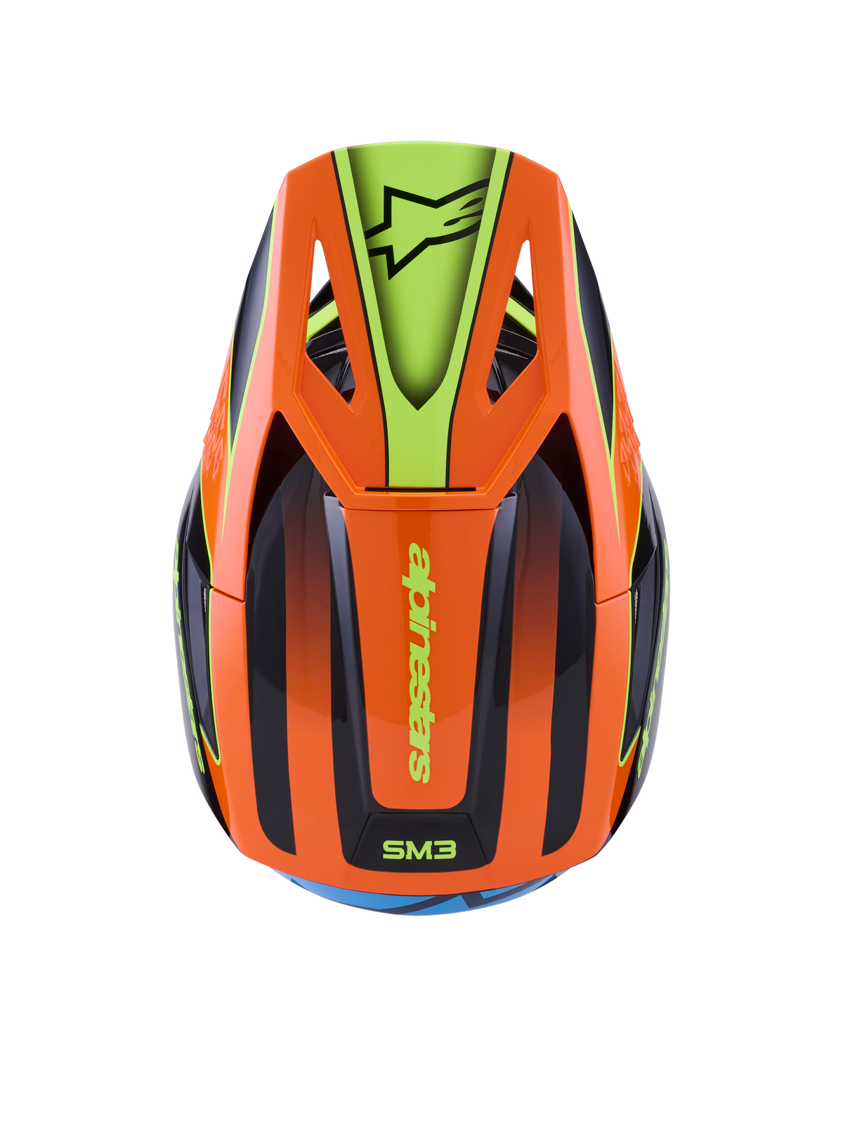 Casco Alpinestars S-M3 Fray, casco da motocross, arancione e giallo fluorescente con dettagli neri, vista dall'alto che mostra la calotta aerodinamica e il frontino con logo Alpinestars, design grafico vivace per la guida off-road