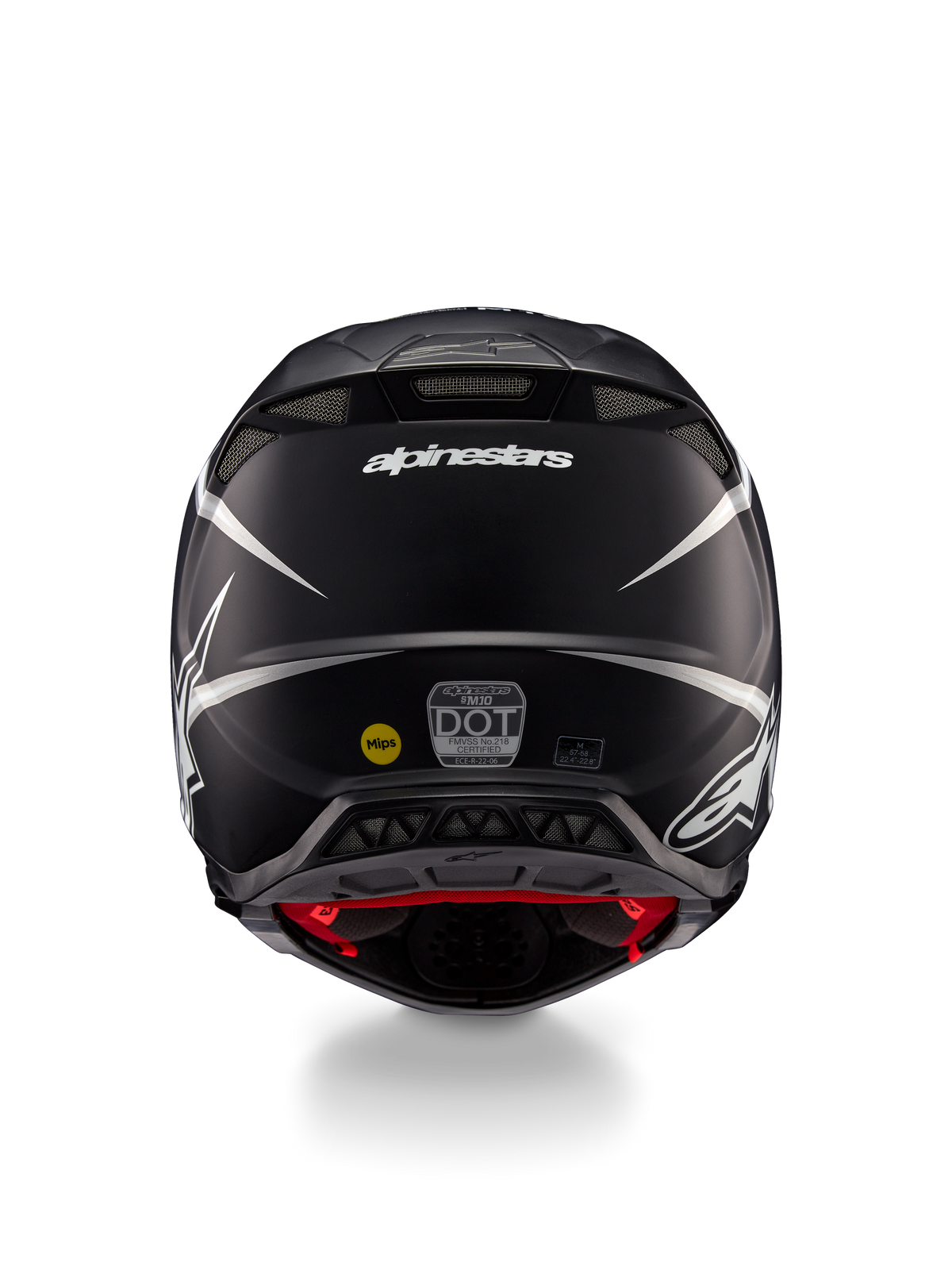 Casco Alpinestars Supertech M10 Ampress, casco da motocross, nero e bianco opaco, vista posteriore con logo Alpinestars e adesivi di certificazione, design aerodinamico con prese d'aria integrate