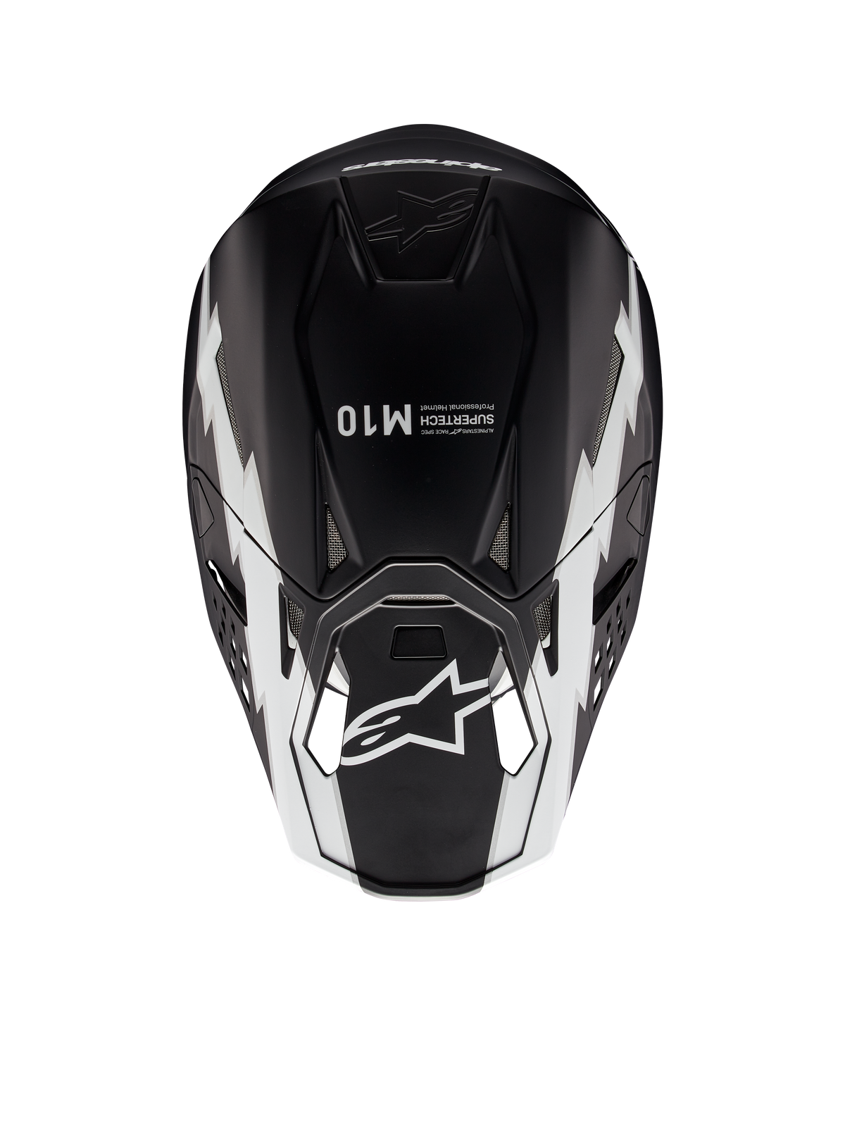 Casco Alpinestars Supertech M10 Ampress, casco da motocross, nero e bianco opaco, vista dall'alto che mostra grafiche geometriche bianche, logo A-star sulla visiera e marchio Supertech M10 sulla calotta, design aerodinamico per prestazioni off-road
