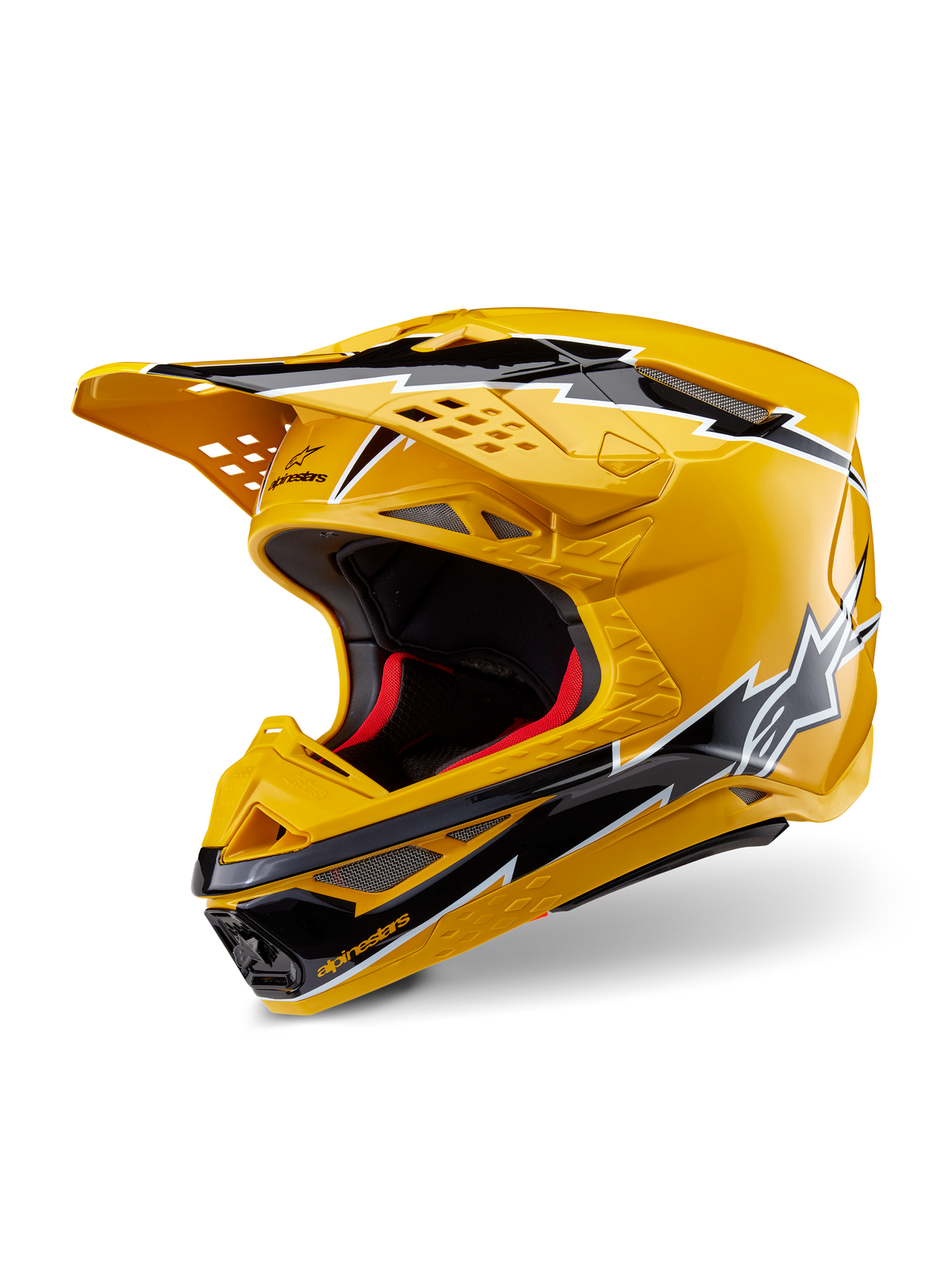 Casco Alpinestars Supertech M10 Ampress, casco da motocross, giallo e nero lucido, con grafiche a fulmine, frontino ventilato e design aerodinamico, protezione off-road ad alte prestazioni.