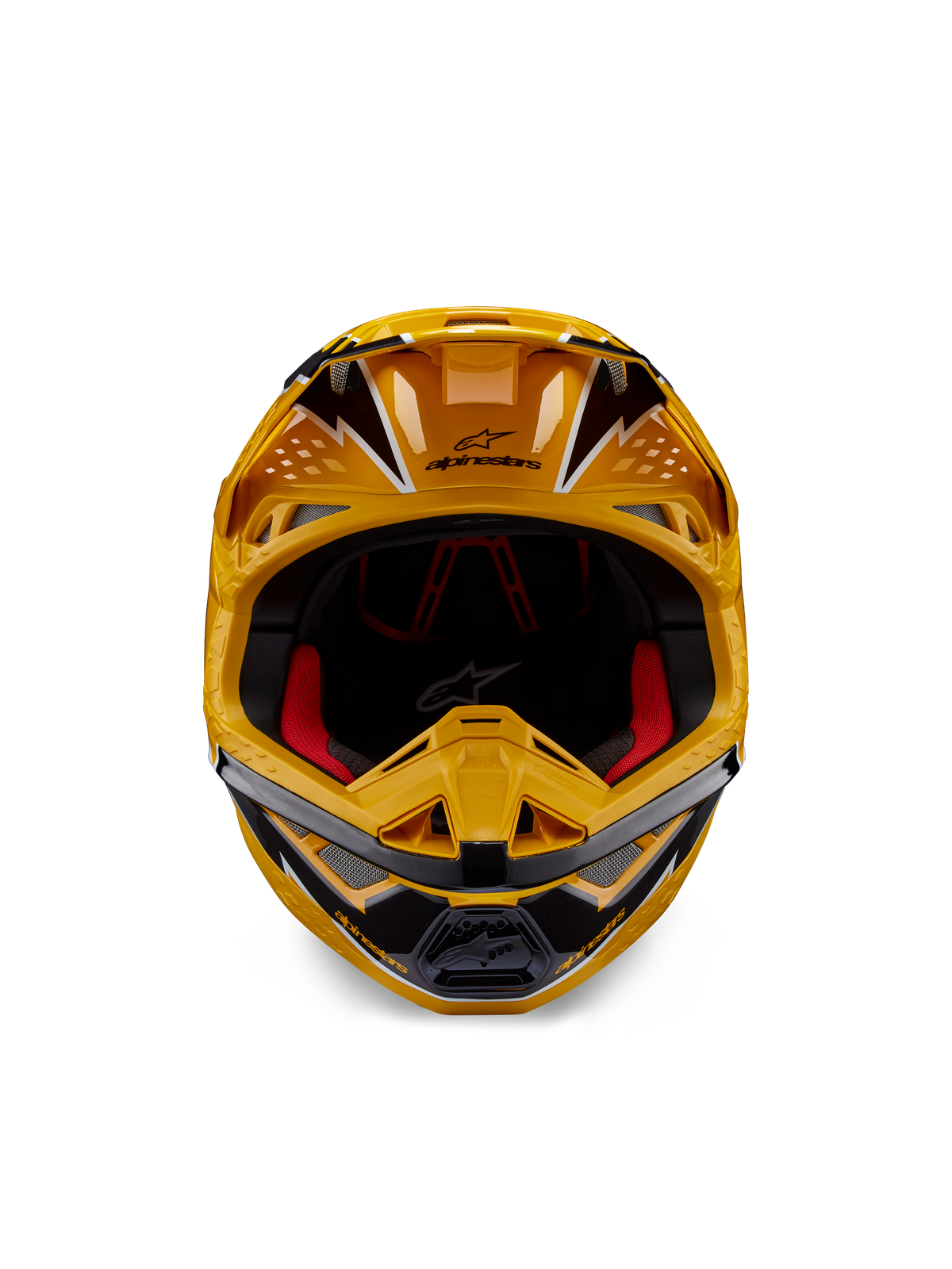 Casco Alpinestars Supertech M10 Ampress, casco da motocross, giallo e nero lucido, vista frontale con grafiche angolari audaci, logo Alpinestars sul frontino, imbottitura interna rossa, calotta aerodinamica per gare professionistiche di motocross