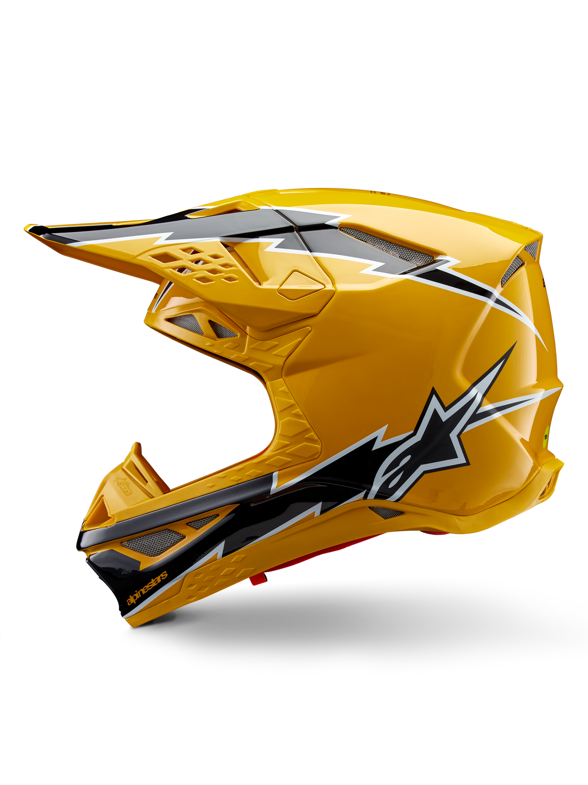 Casco Alpinestars Supertech M10 Ampress, casco da motocross, giallo lucido con grafiche nere e bianche, vista laterale con design angolari audaci, logo a stella Alpinestars e molteplici prese d'aria con rete argentata, attrezzatura professionale per corse fuoristrada