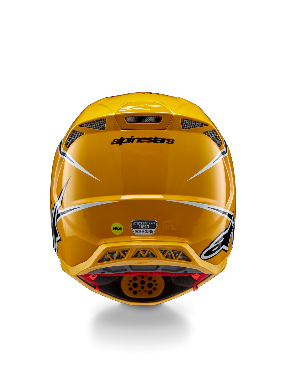 Casco Alpinestars Supertech M10 Ampress, vista posteriore, giallo lucido con accenti neri e bianchi, dotato di prese d'aria posteriori, adesivi MIPS ed ECE 22.06, protezione professionale da motocross
