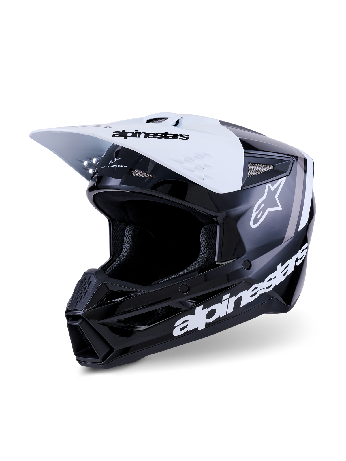 Casco Alpinestars S-M3 Radium, casco da motocross, nero, bianco e grigio lucido, con visiera bianca e marchio nero, calotta nera lucida con loghi Alpinestars bianchi in evidenza e accenti grafici grigi, design aerodinamico per corse off-road