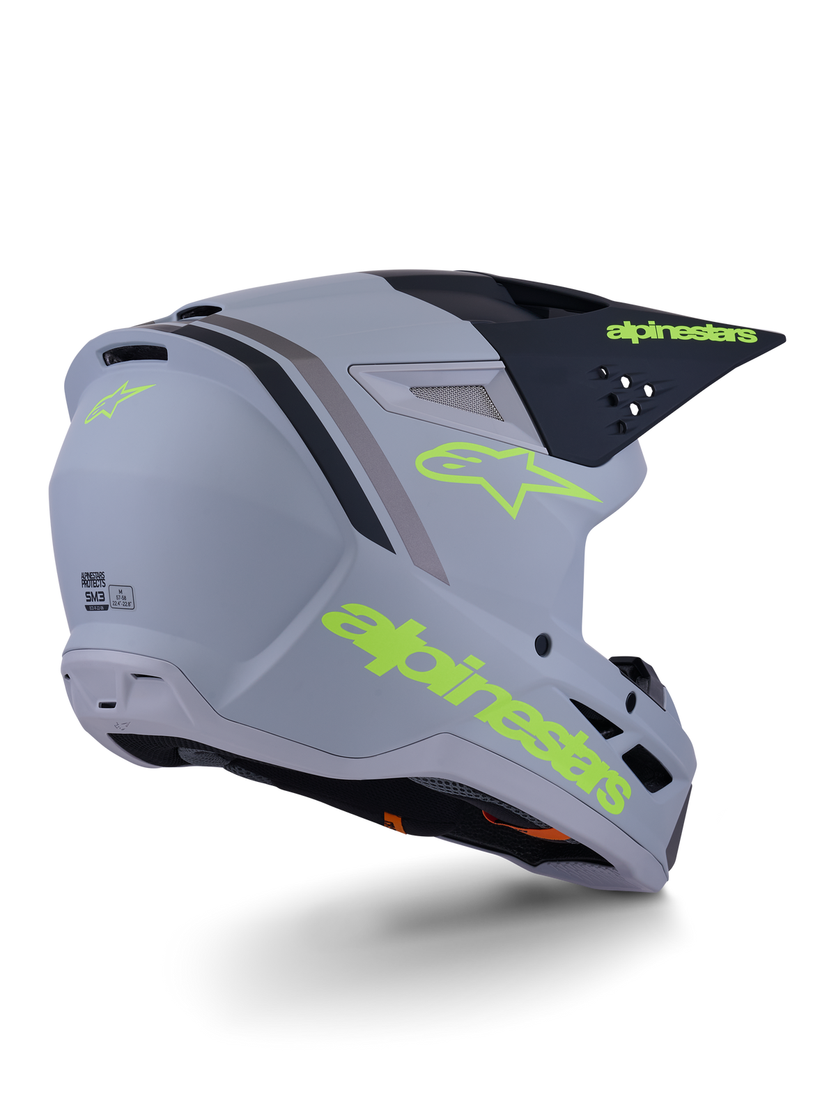 Casco Alpinestars S-M3 Radium, casco da motocross, grigio, nero e giallo fluo opaco, design integrale con calotta angolare, visiera prominente e porte di ventilazione, finitura opaca con grafiche audaci