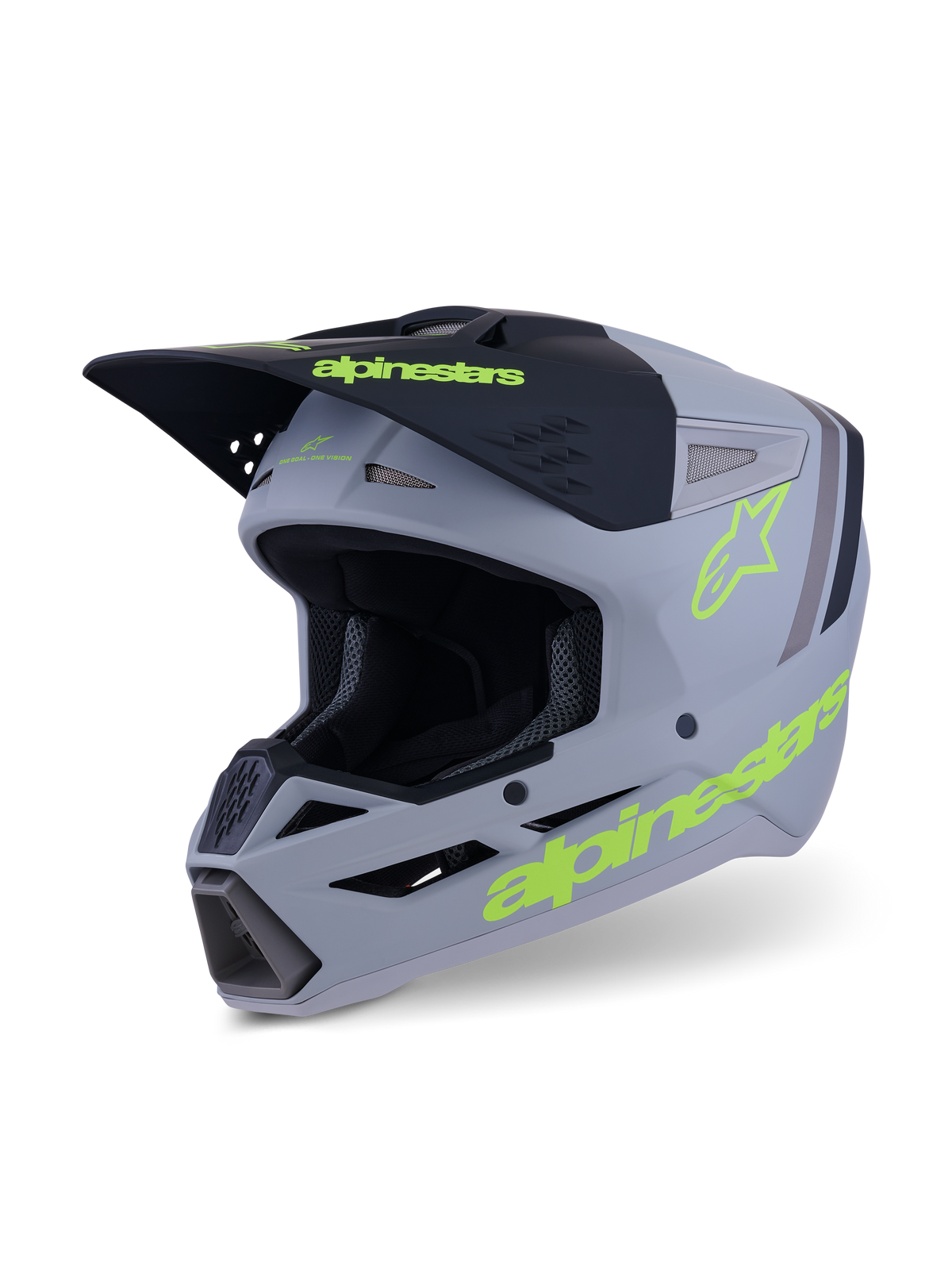 Alpinestars S-M3 Radium Helmet, casco da motocross ed enduro, grigio, nero e giallo fluo opaco, vista a tre quarti che mostra il design aggressivo della calotta, prese d'aria e loghi gialli vivaci