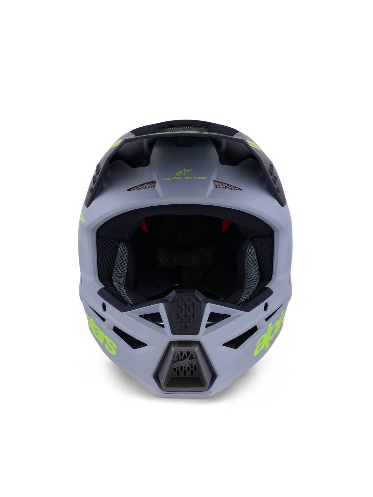 Casco Alpinestars S-M3 Radium, casco integrale da motocross, verde opaco e nero con dettagli giallo fluo, vista frontale con prese d'aria su mento e fronte e ampia apertura per la maschera, equipaggiamento protettivo professionale per fuoristrada