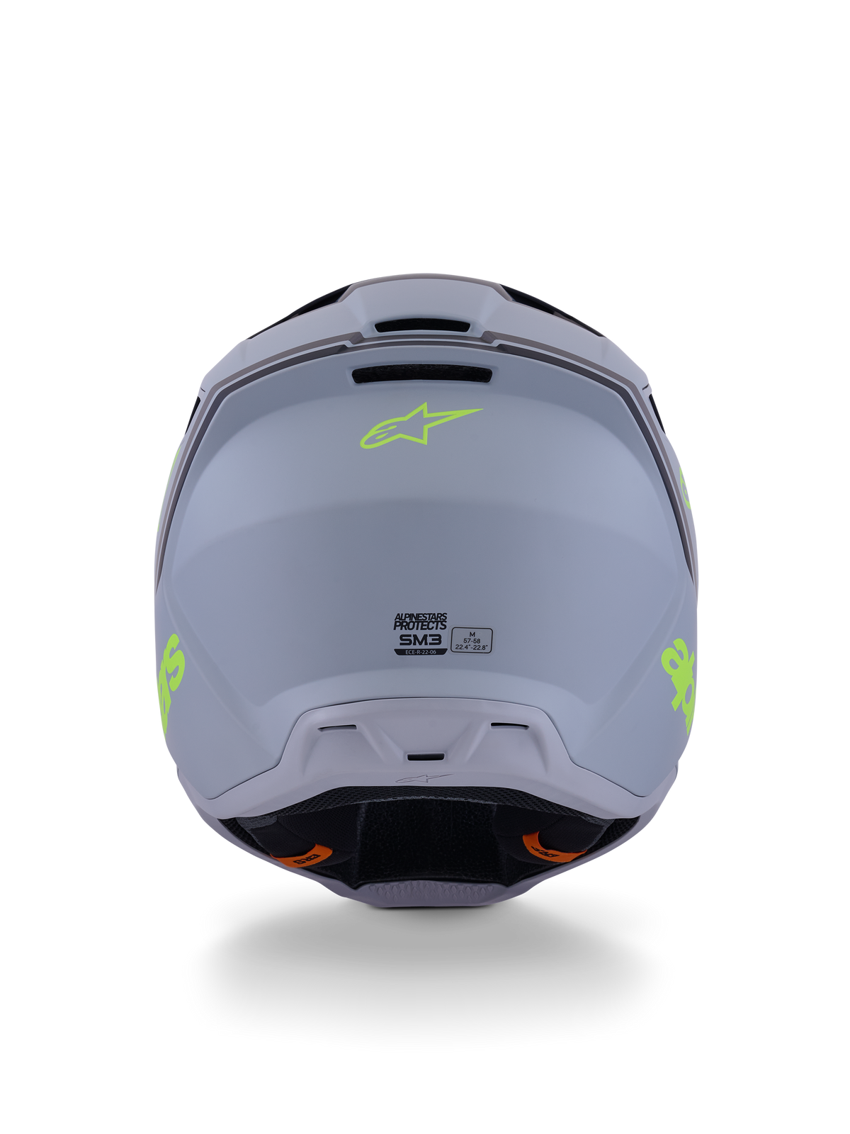 Casco Alpinestars S-M3 Radium, casco da motocross, verde, nero e giallo fluo opaco, vista posteriore che mostra la finitura opaca della calotta, logo Alpinestars giallo neon e dettagli della certificazione ECE 22.06.