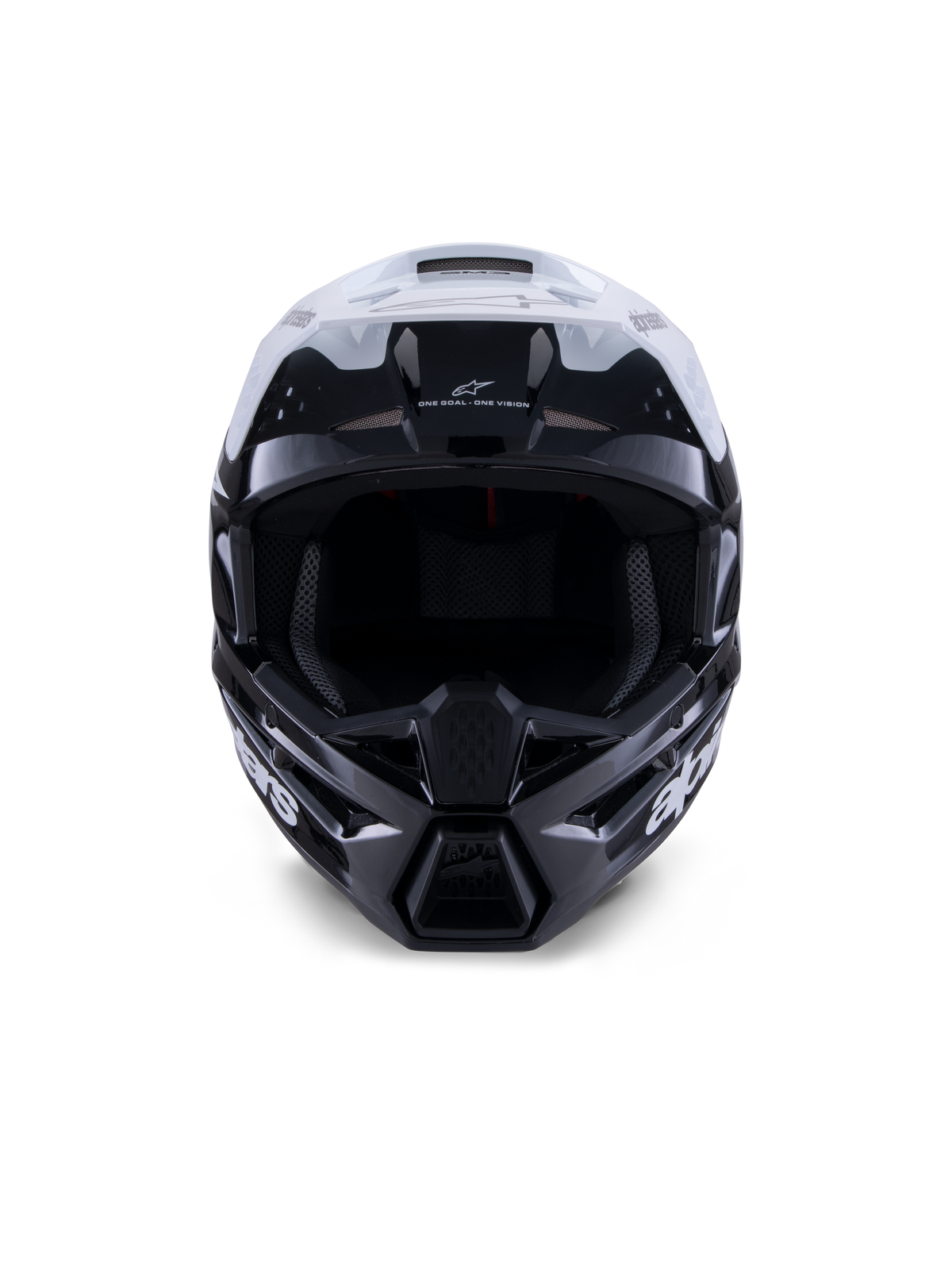 Casco Alpinestars S-M3 Radium, casco da motocross, nero, bianco e grigio lucido, vista frontale, caratterizzato da un design della calotta aggressivo con visiera bianca, mentoniera nera e prese di ventilazione con rivestimento in mesh.