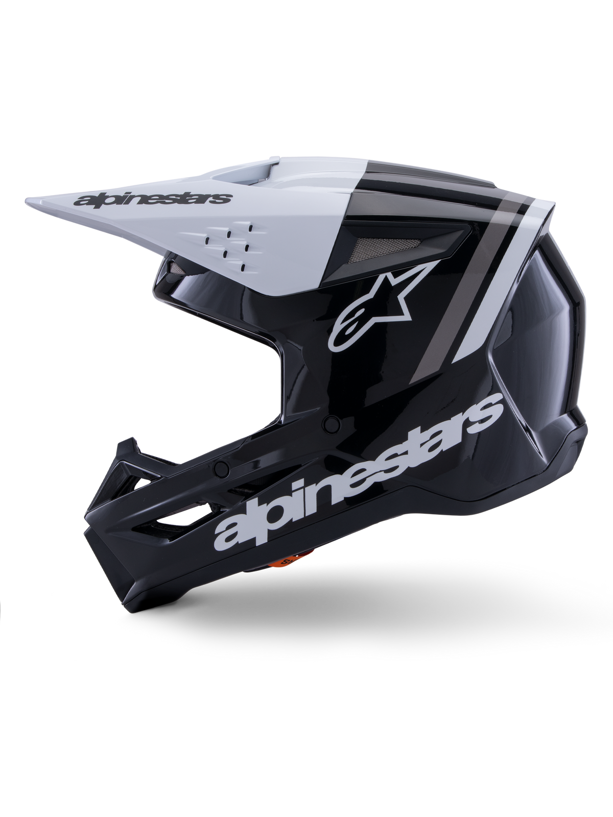 Casco Alpinestars S-M3 Radium ECE 22.06, vista laterale, finitura lucida nera e bianca, strisce racing grigie, logo Alpinestars bianco sul lato e sulla zona del mento, design ventilato per motocross ed enduro