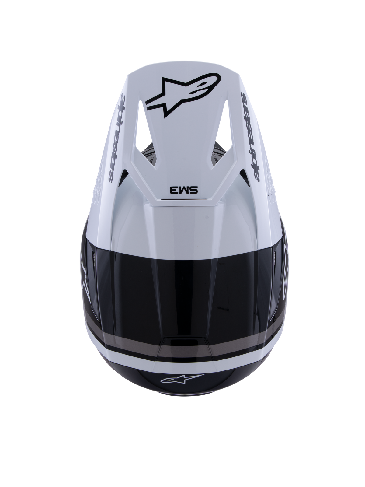 Casco Alpinestars S-M3 Radium, casco da motocross, nero, bianco e grigio lucido, vista dall'alto che mostra la visiera bianca con logo Astar nero e marchio SM3, finitura lucida con prese d'aria, protezione per la testa off-road ad alte prestazioni